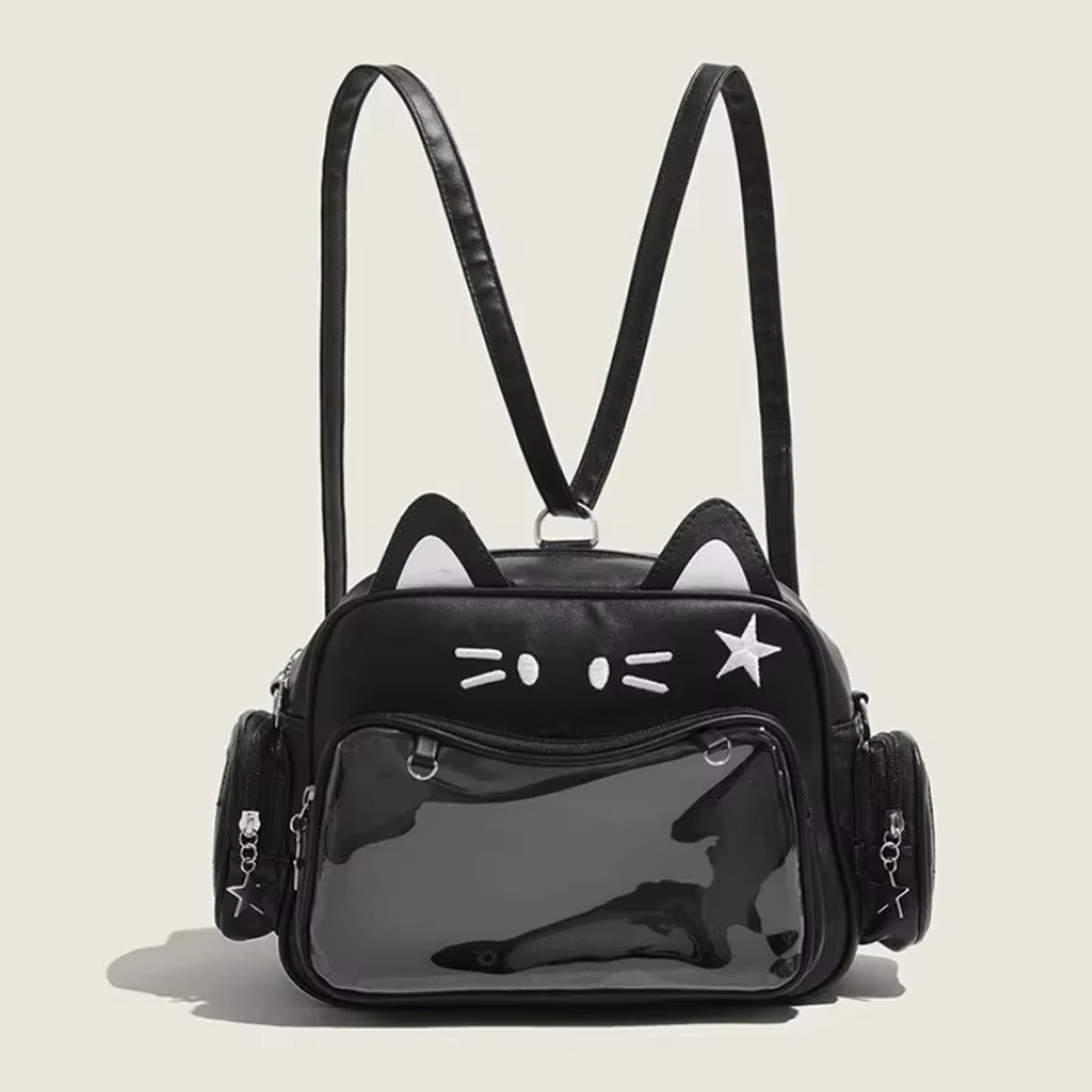 kawaii cat ita bag with transparent display pocket shoulder & harajuku crossbody bag