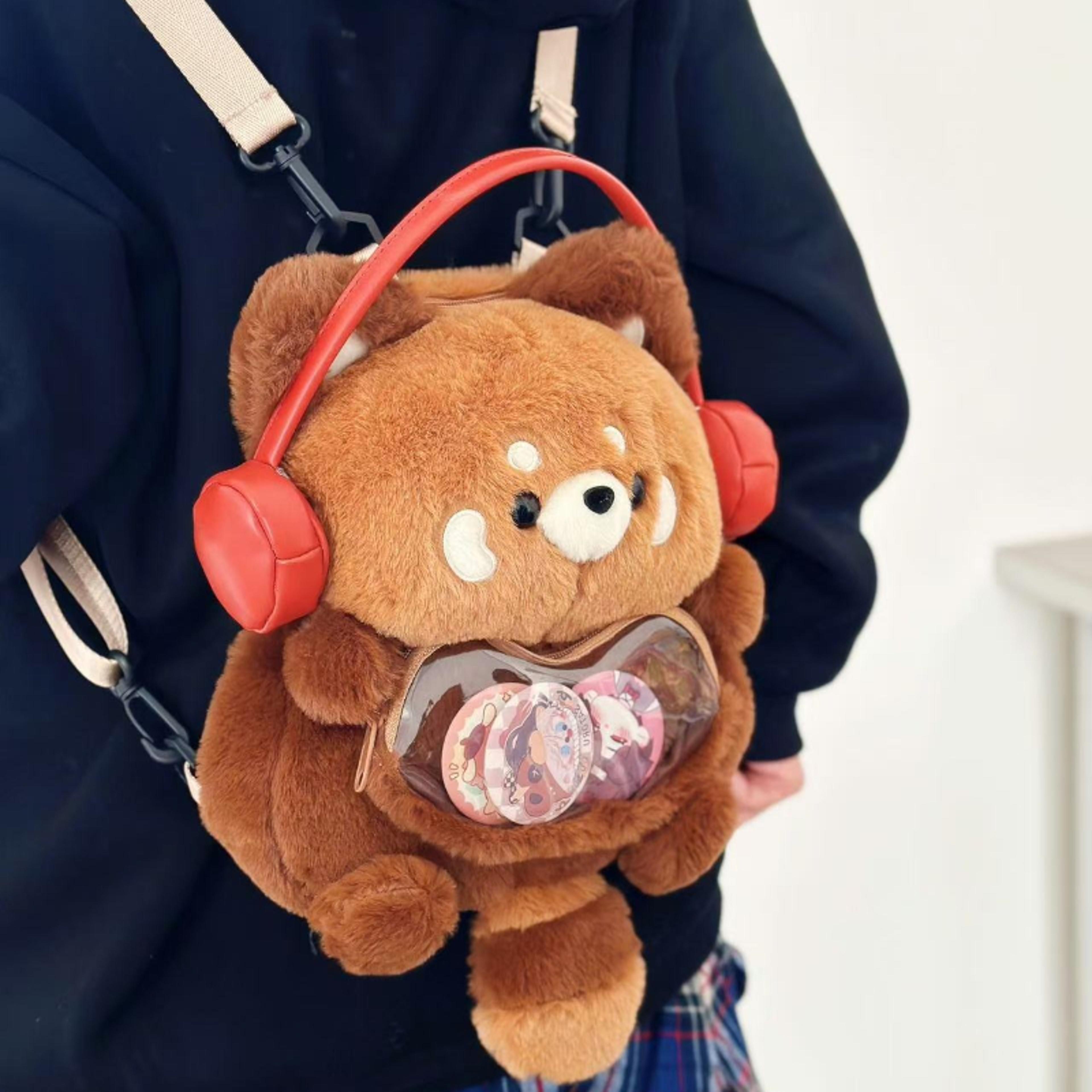 cute plush red panda backpack large capacity kawaii fluffy animal shoulder bag for women girls