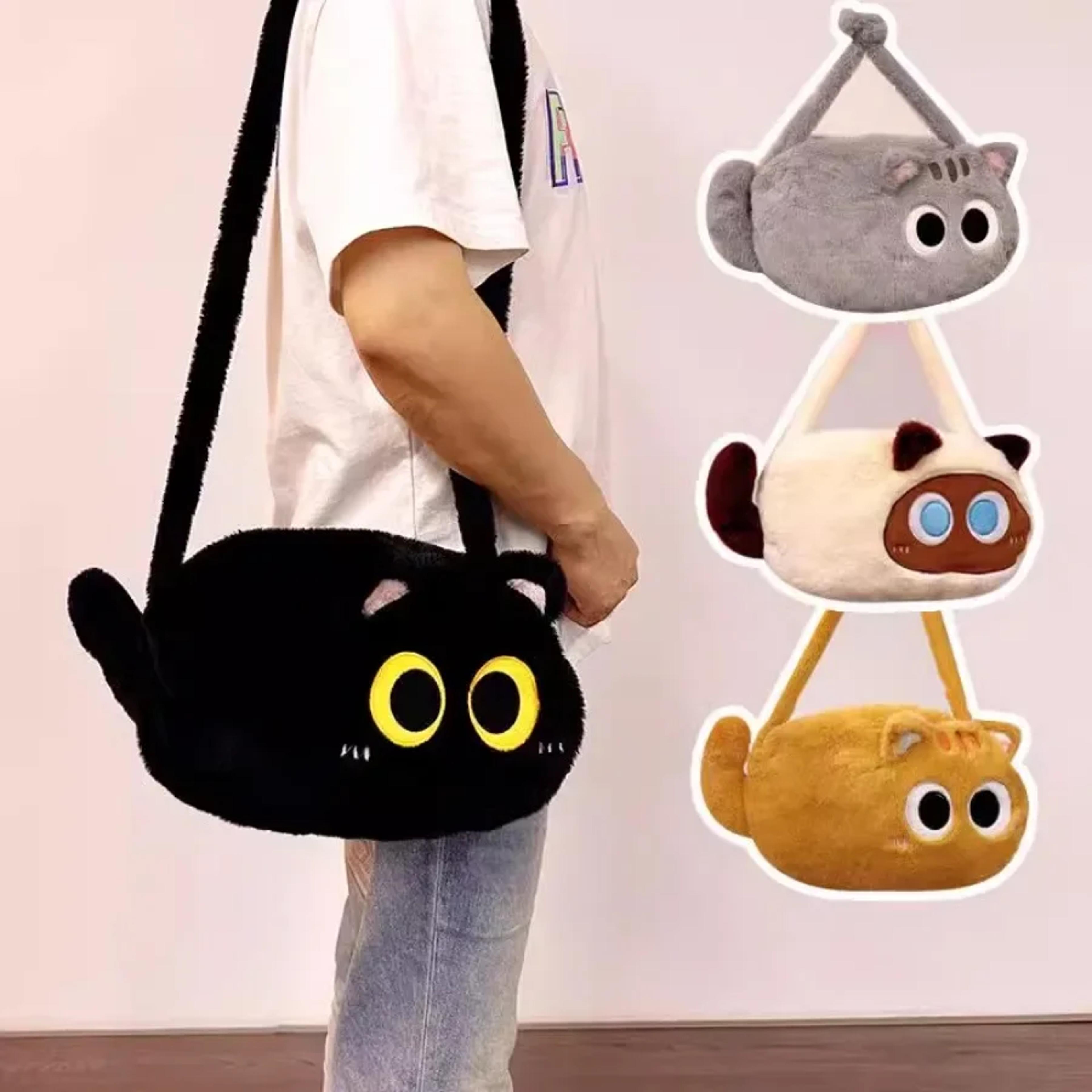 kawaii black cat plush backpack cute soft crossbody bag for women kids