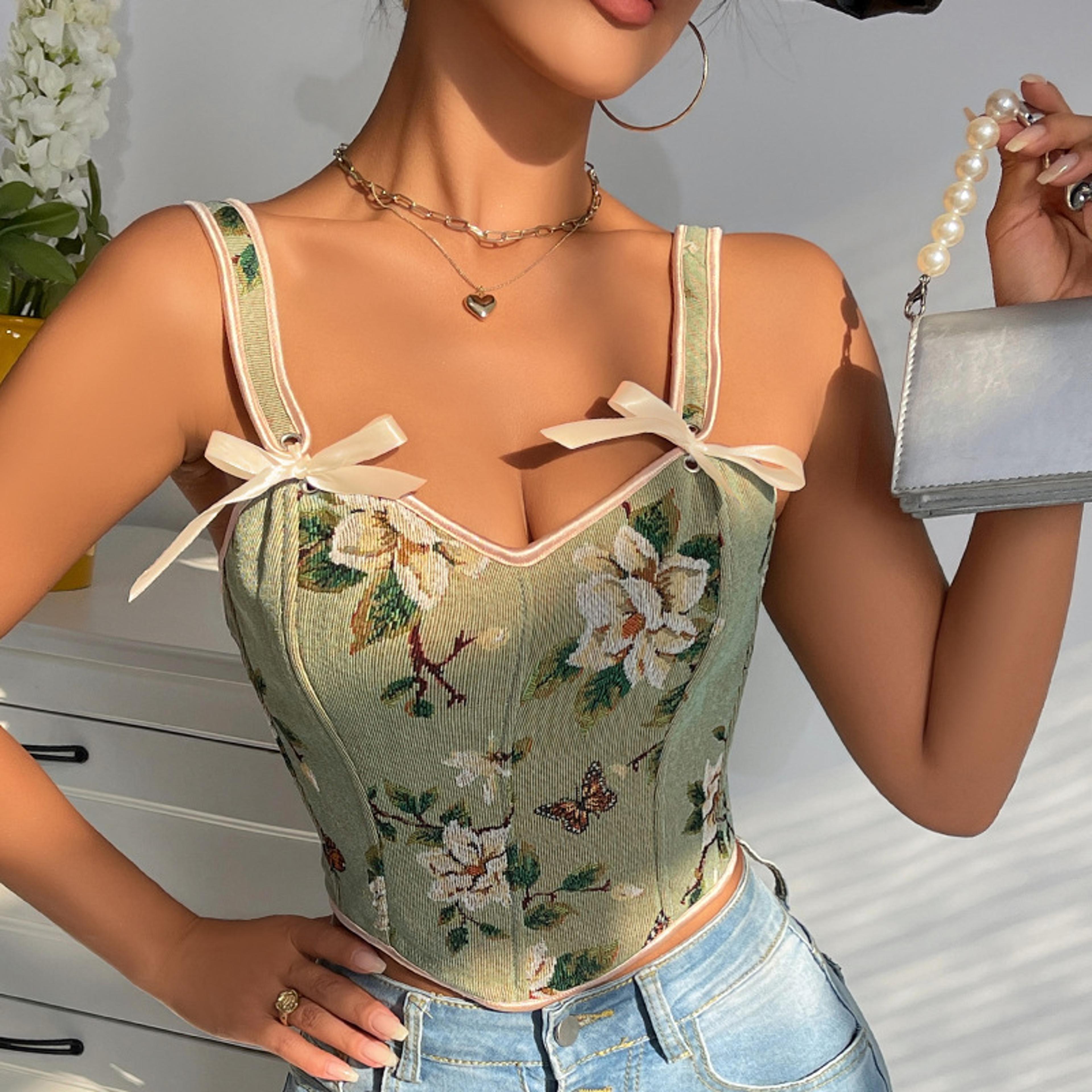 floral corset top vintage bustier style double strap shaping bra top