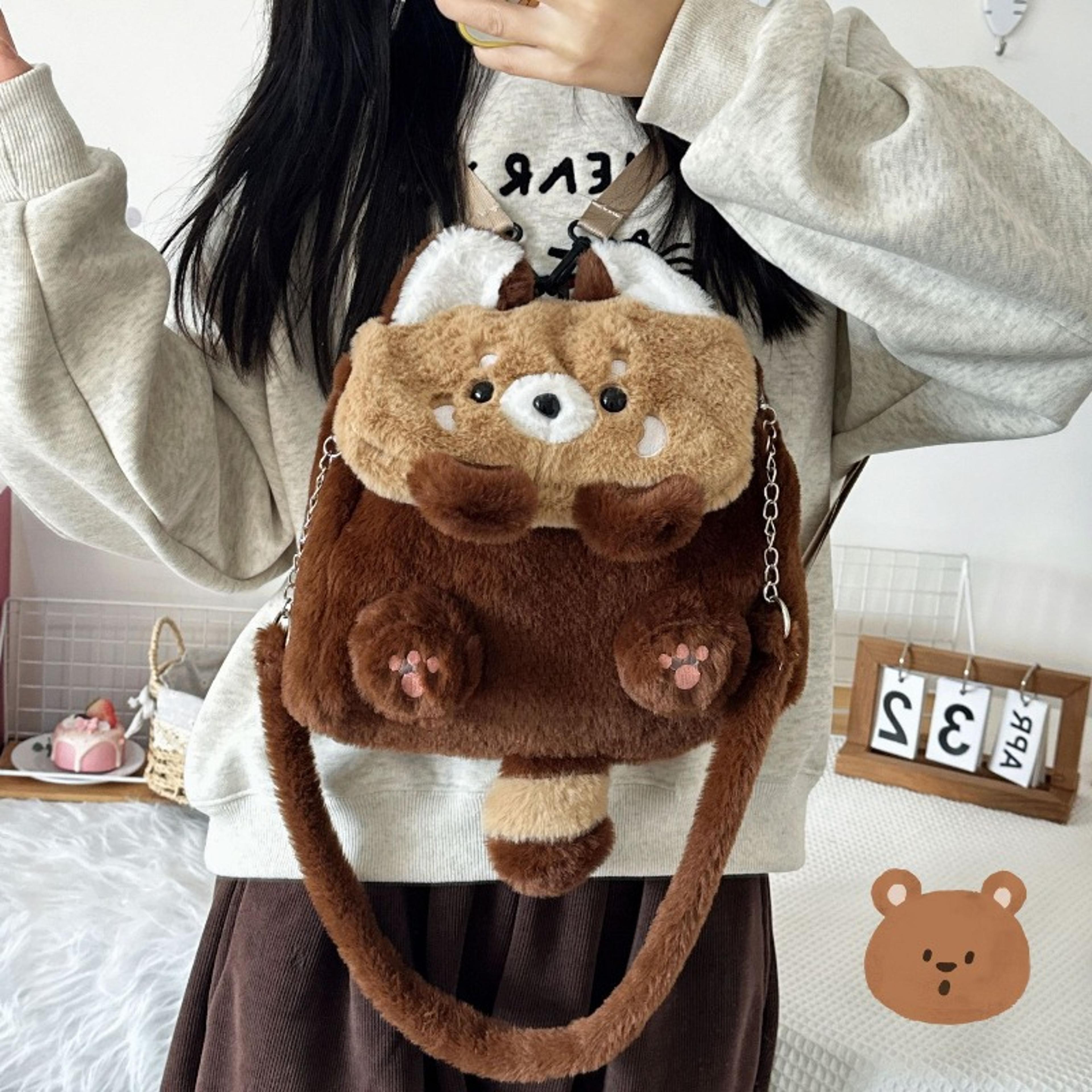 cute raccoon plush backpack soft kawaii animal bag with detachable strap