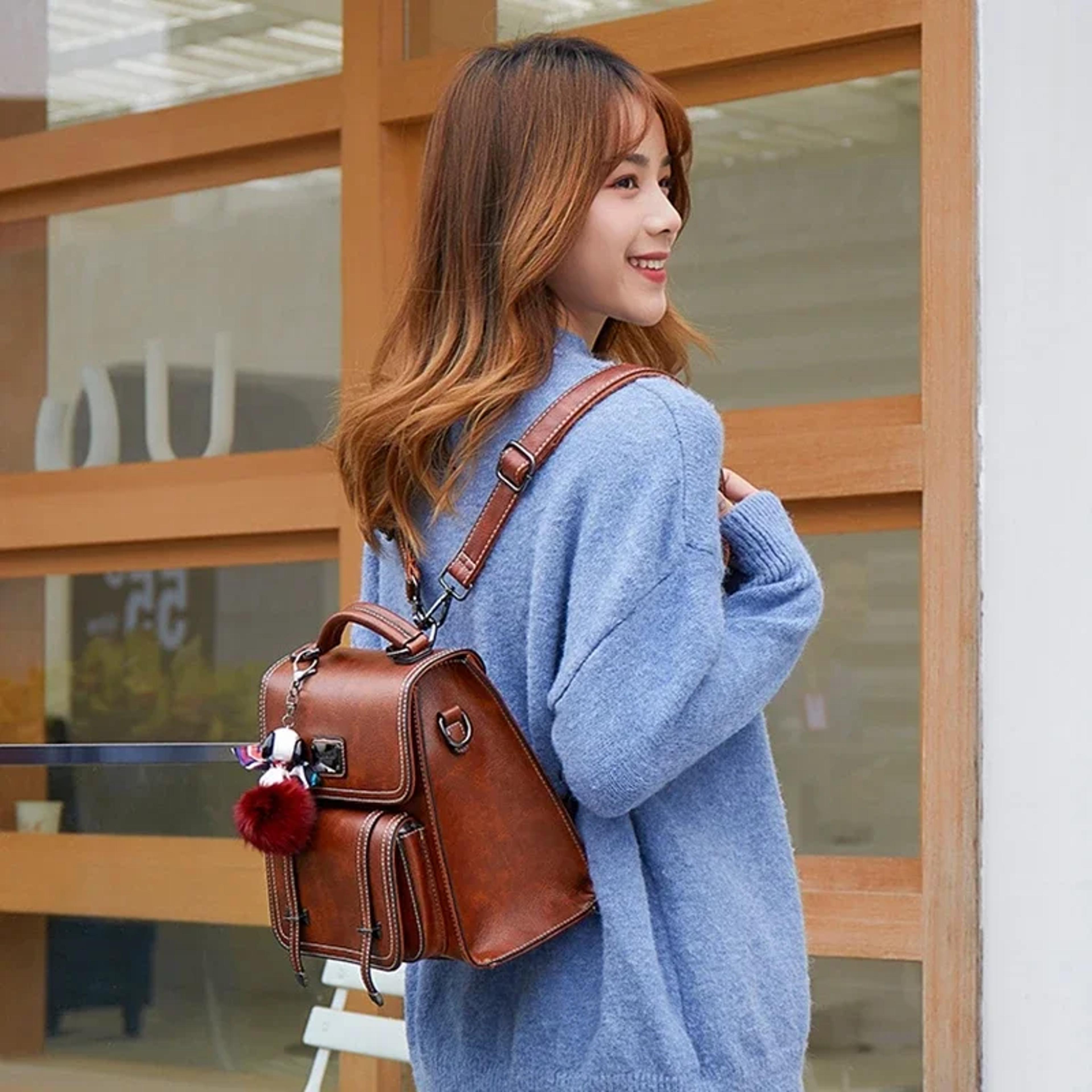 vintage faux leather backpack purse for women, back to school backpack, waterproof mini travel daypack