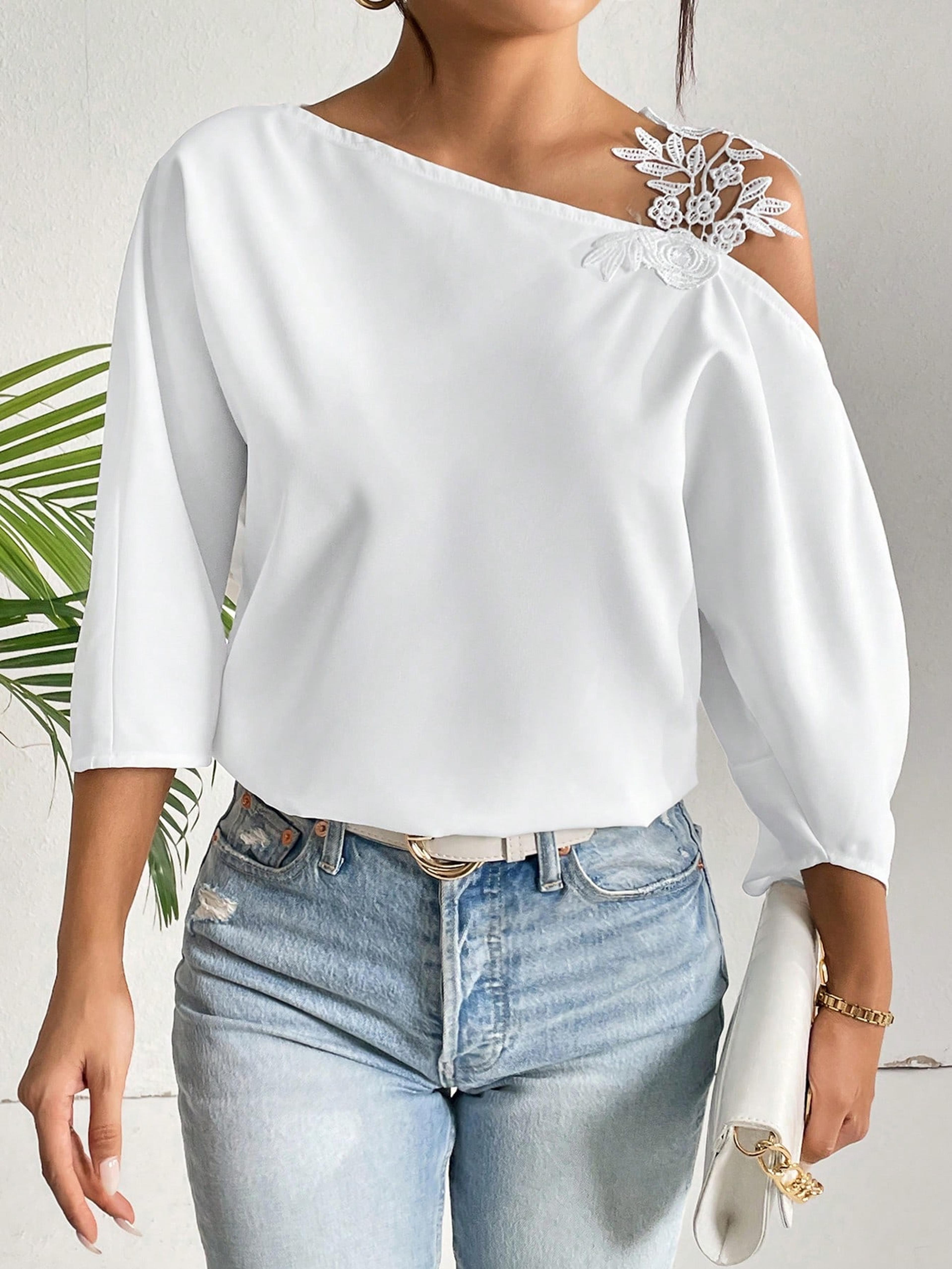 elegant lace patchwork top asymmetrical shoulder half sleeve women's casual blouse