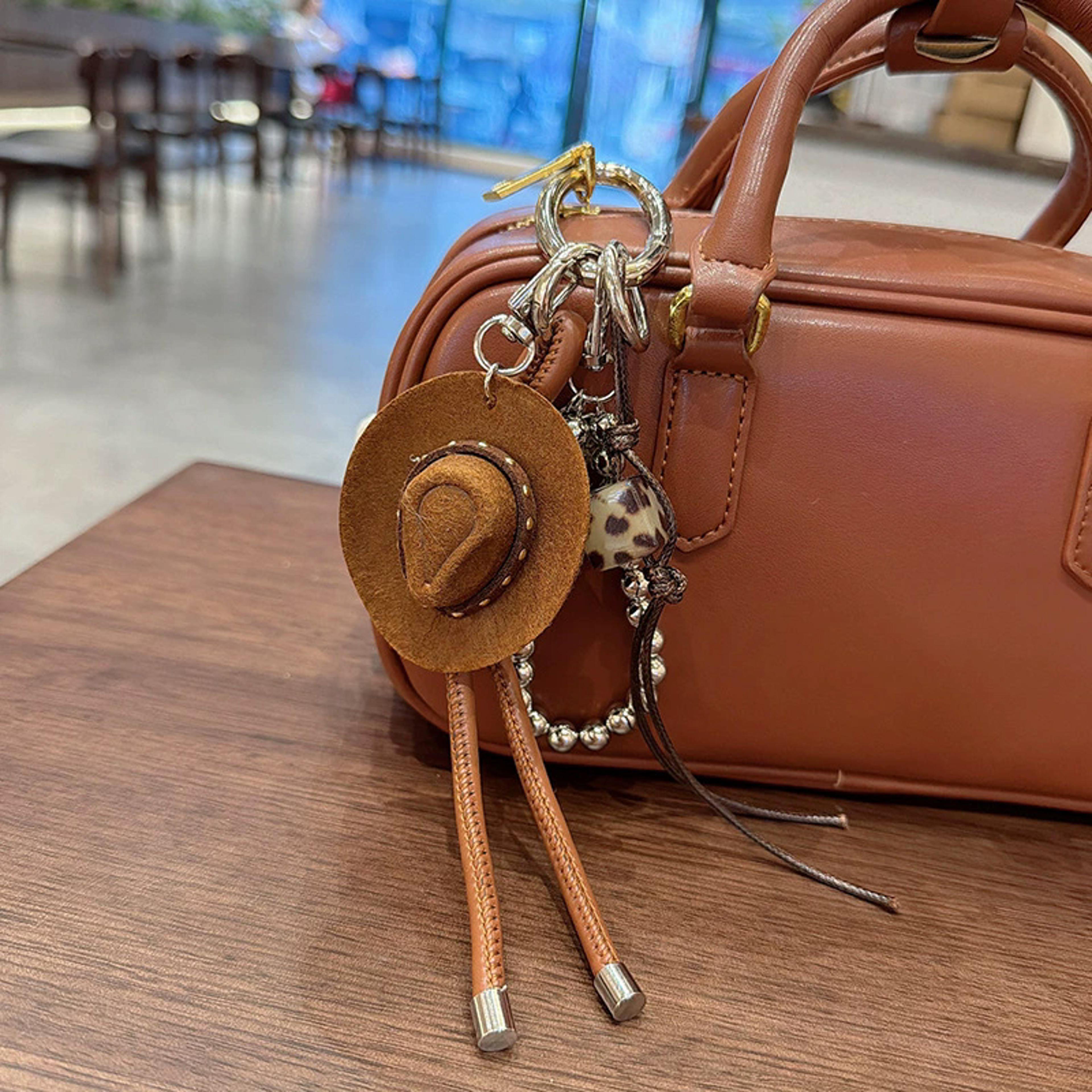 lucky cowboy hat keychain western bag charm with handmade braided rope faux leather