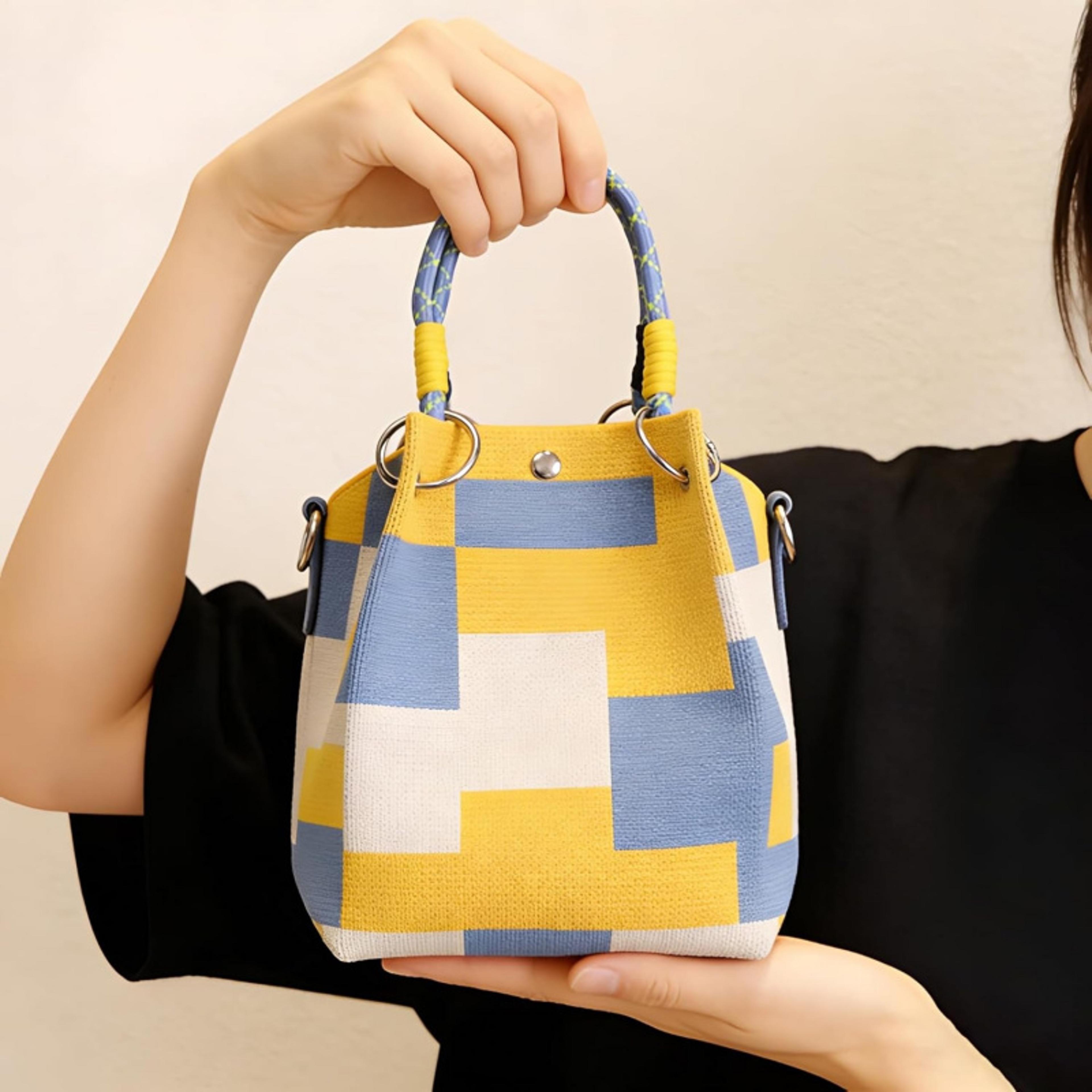 mini knitted bucket bag women small colorblock handbag with detachable handle