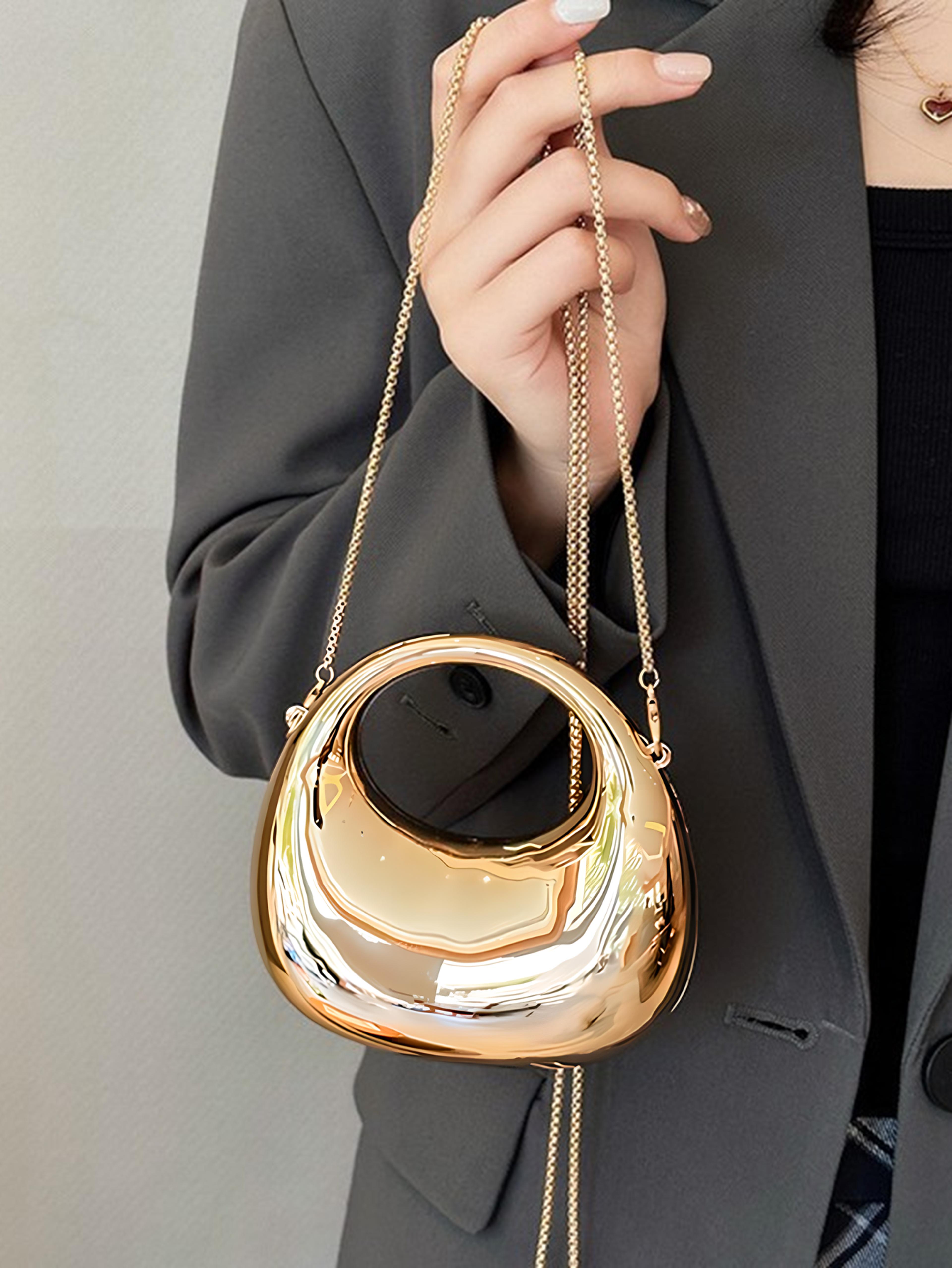 mini gold evening handbag for women metallic half moon party purse with round handle