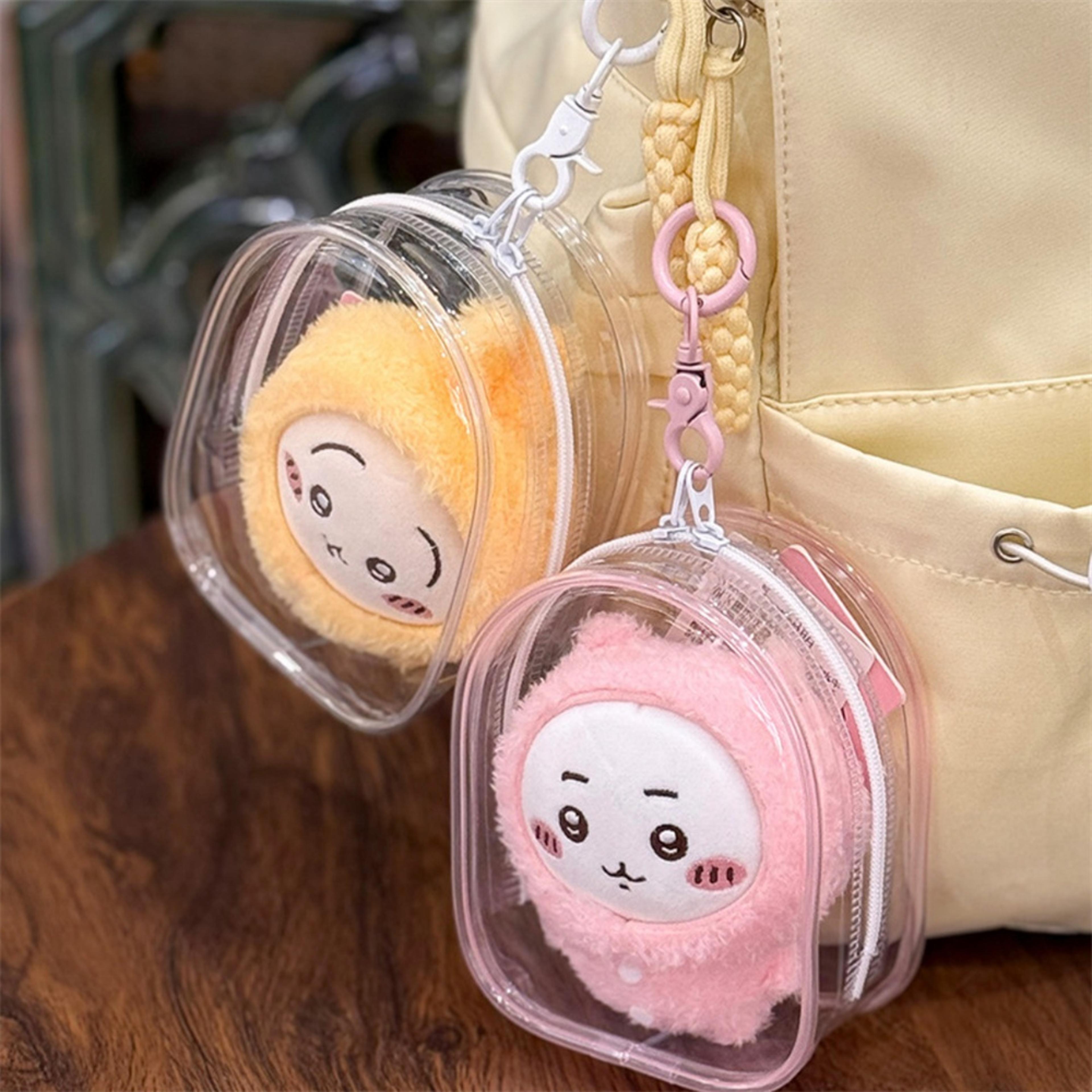 transparent storage bag with keychain cartoon doll display case