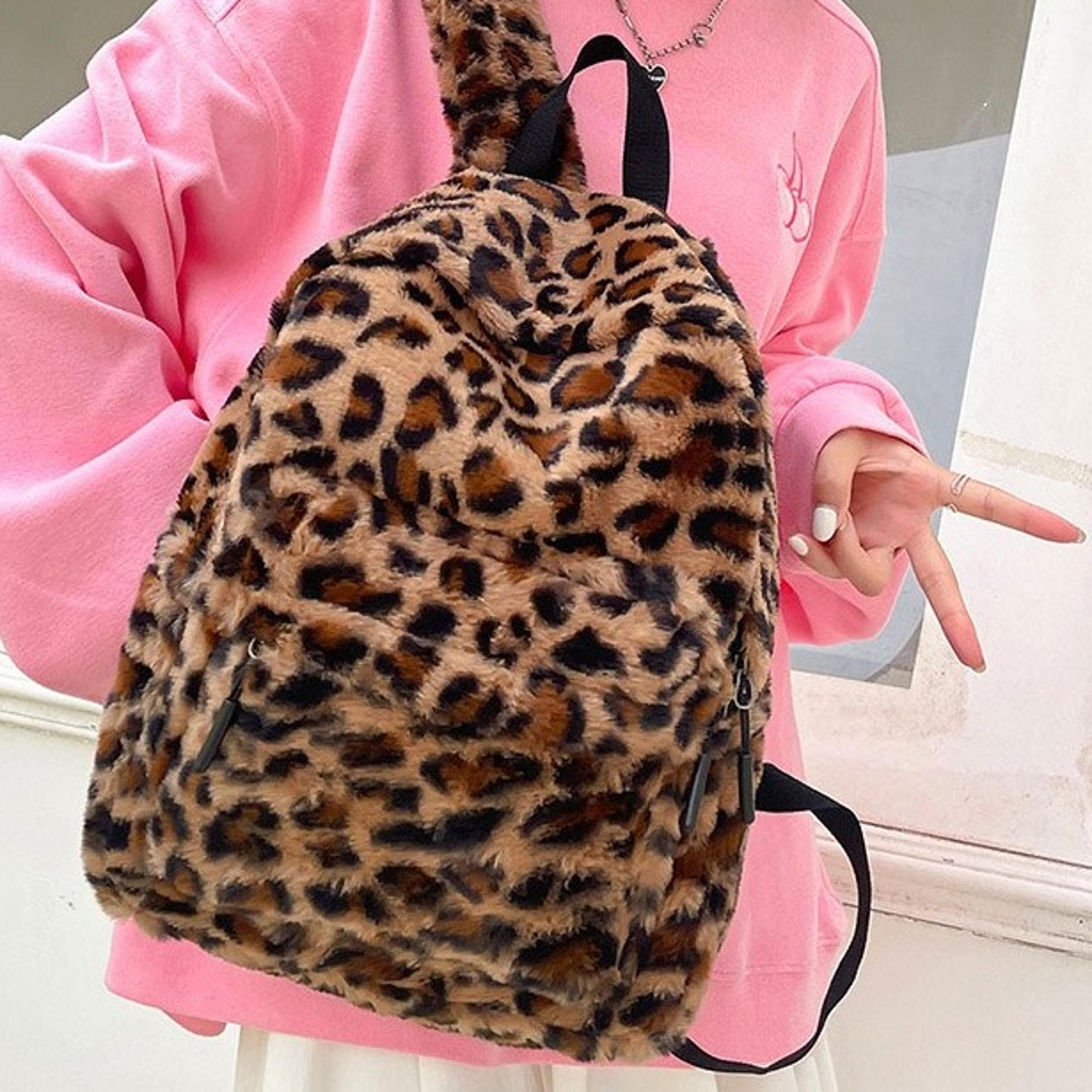 plush leopard backpack cute school bag large capacity animal backpack for teens student
