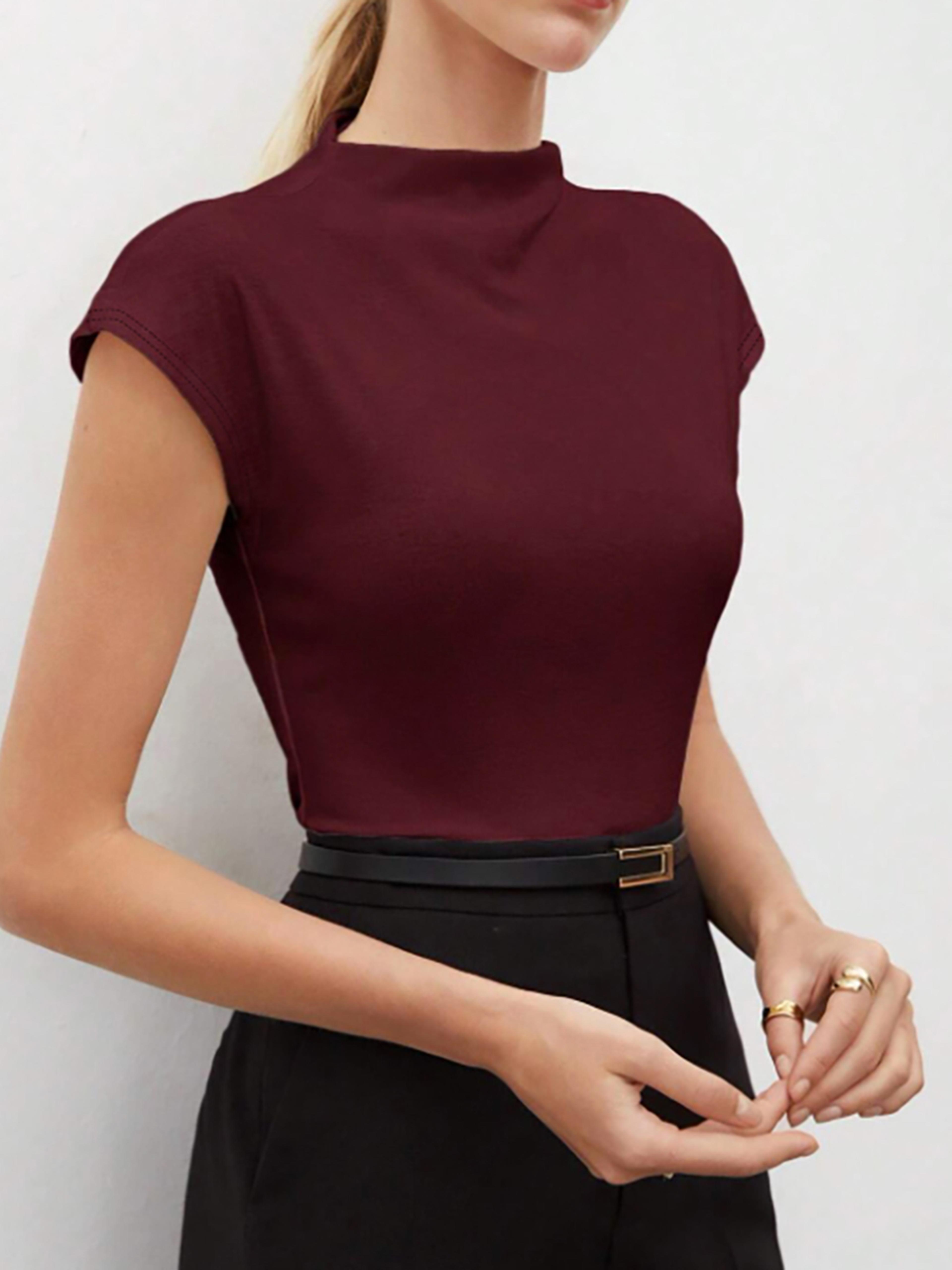 burgundy mock neck top for women slim fit stretchy cap sleeve office blouses