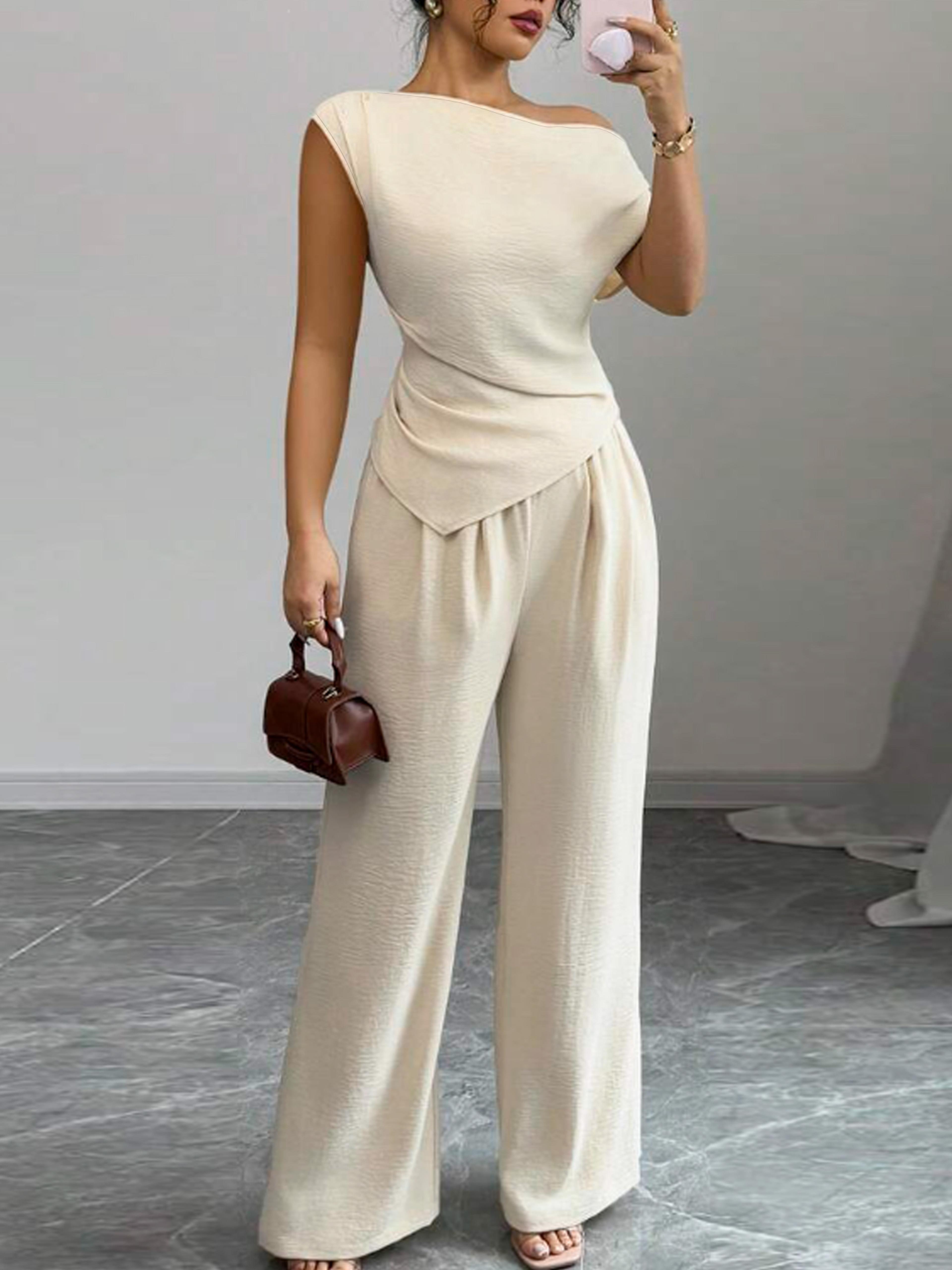 elegant asymmetric top and wide leg pants set for women