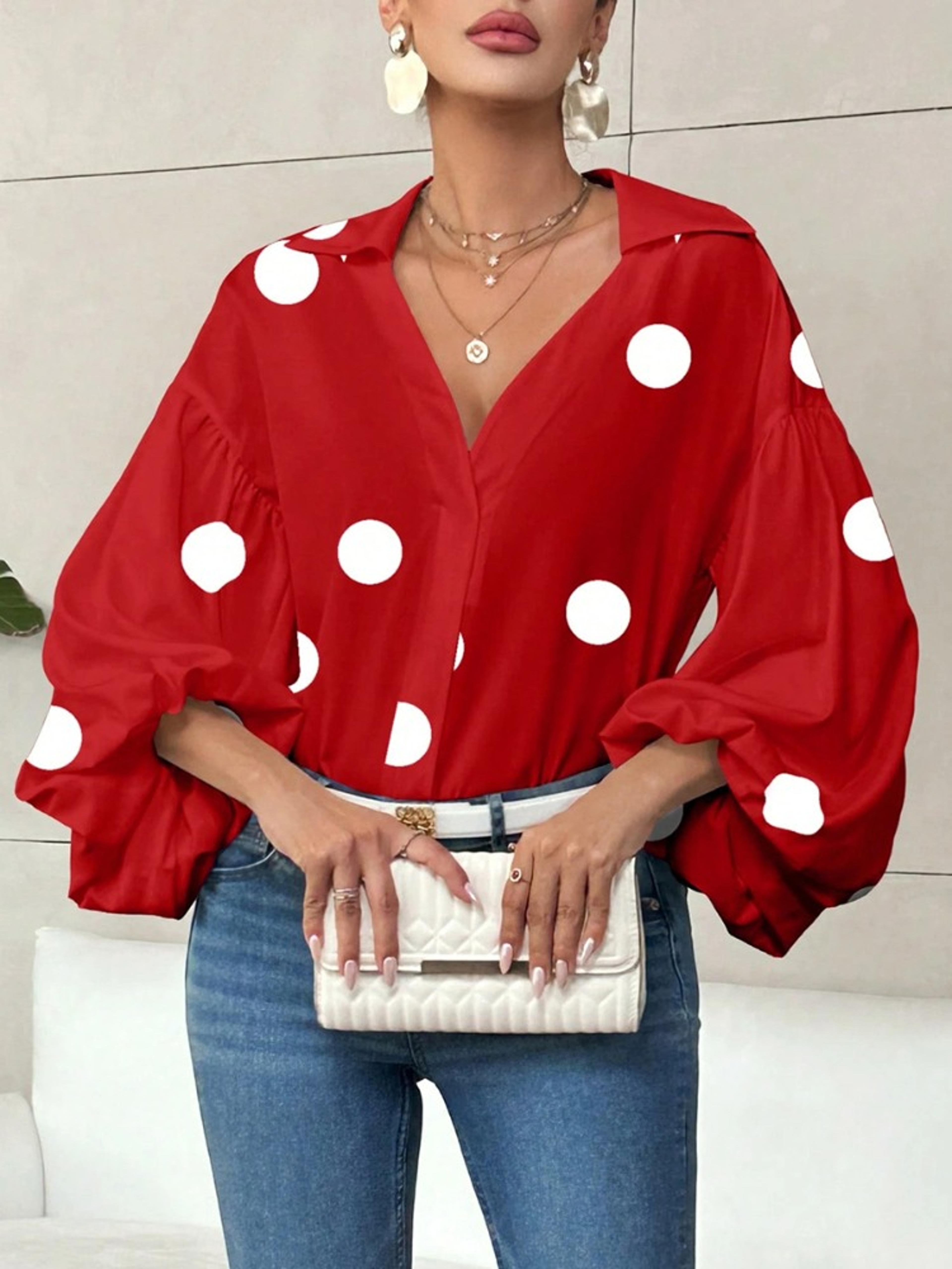 yeezzi french style polka dot v neck blouse women puff sleeve casual top