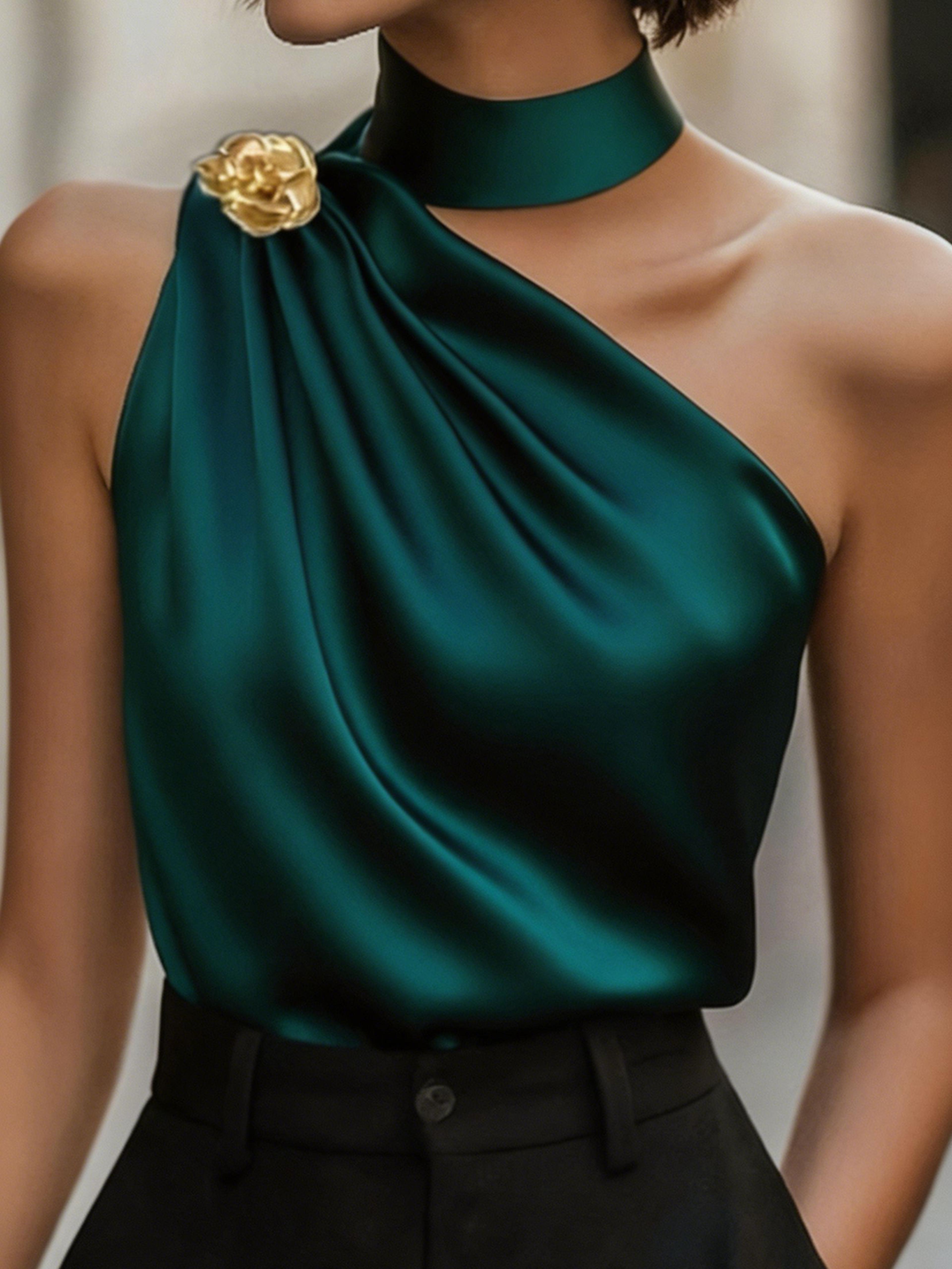 chic satin halter neck dark green blouse for women elegant party top