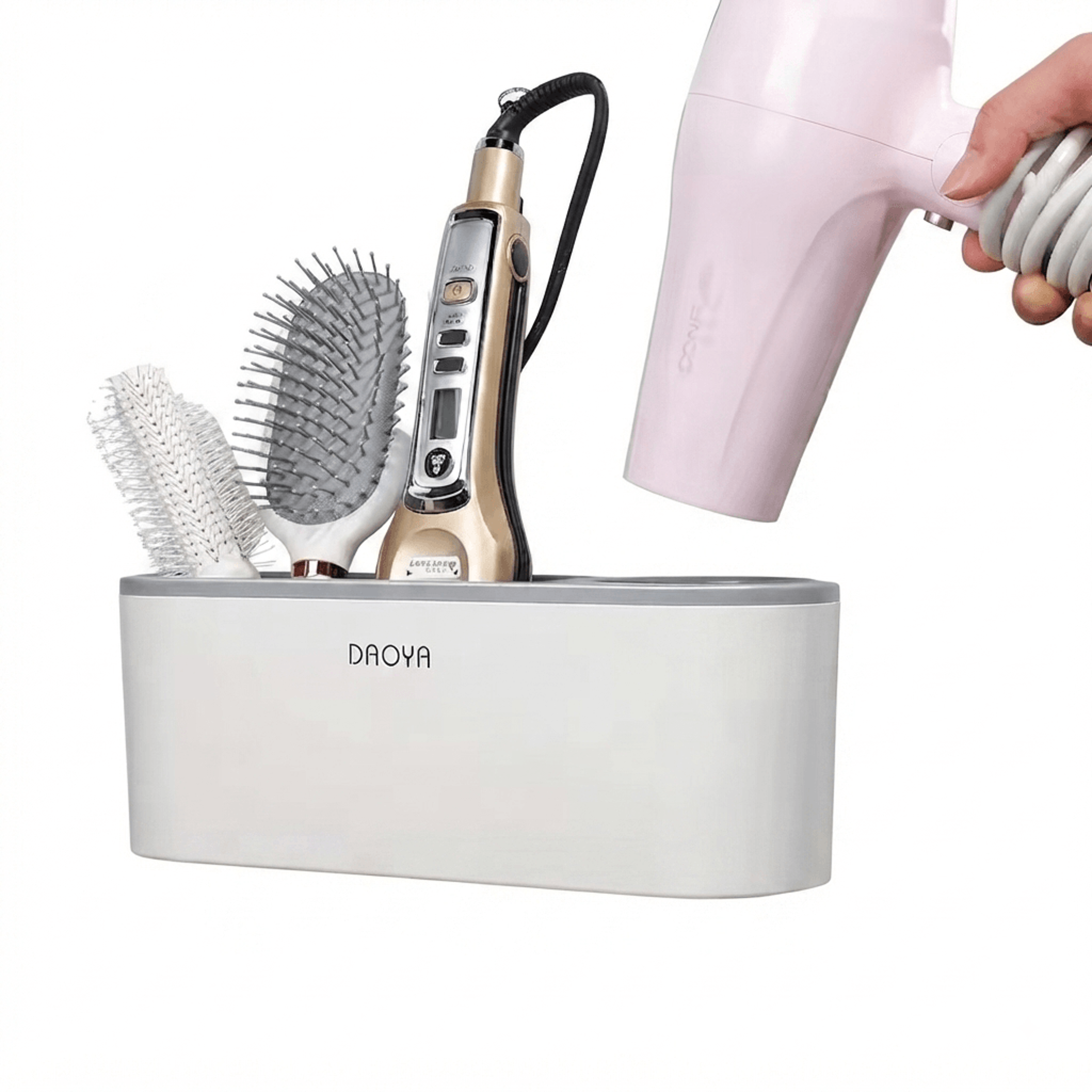 space saving hair dryer holder and hair tool organizer for wall or cabinet door