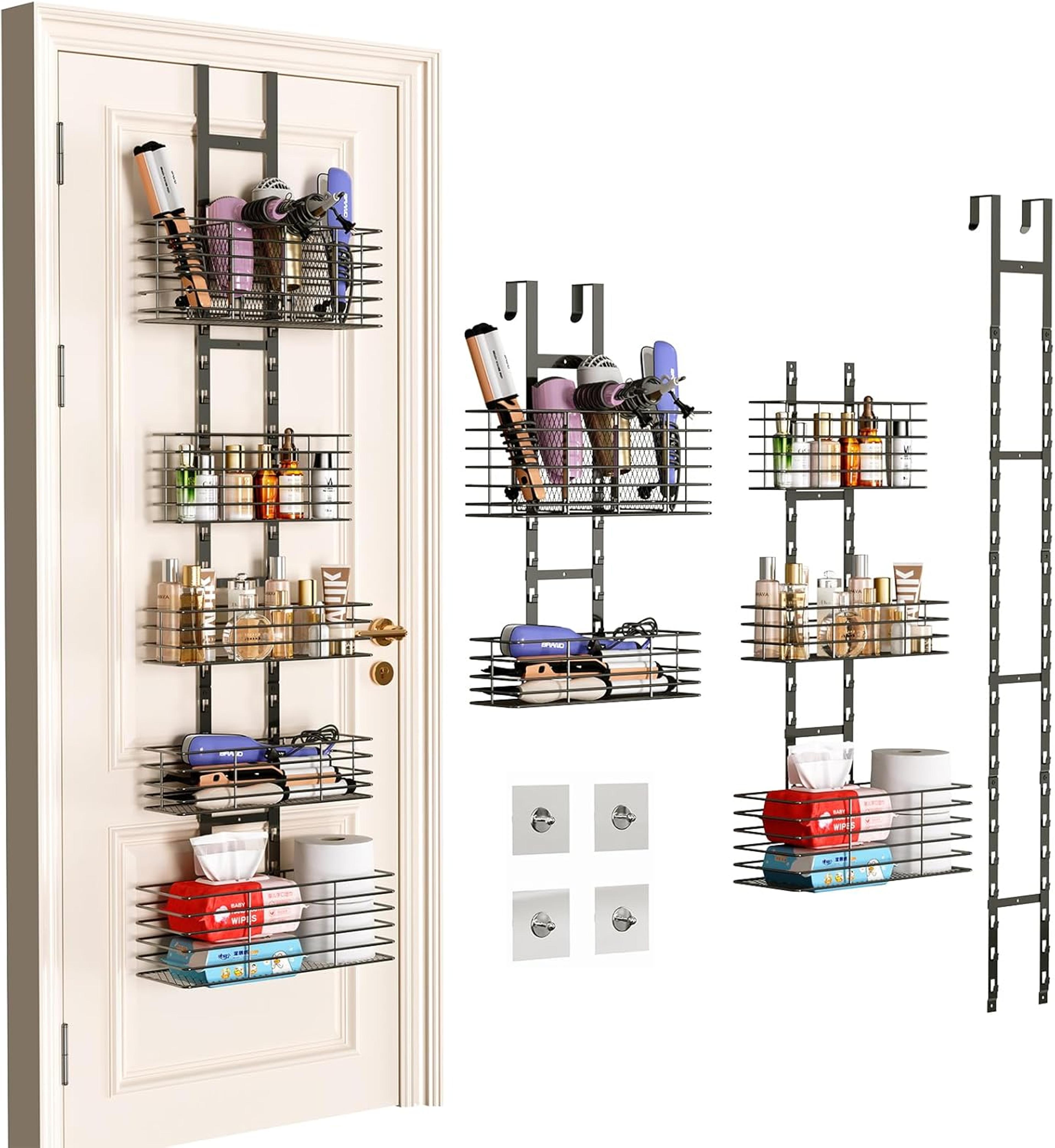 tier over the door organizer with hair tool storage and adjustable bathroom shelves