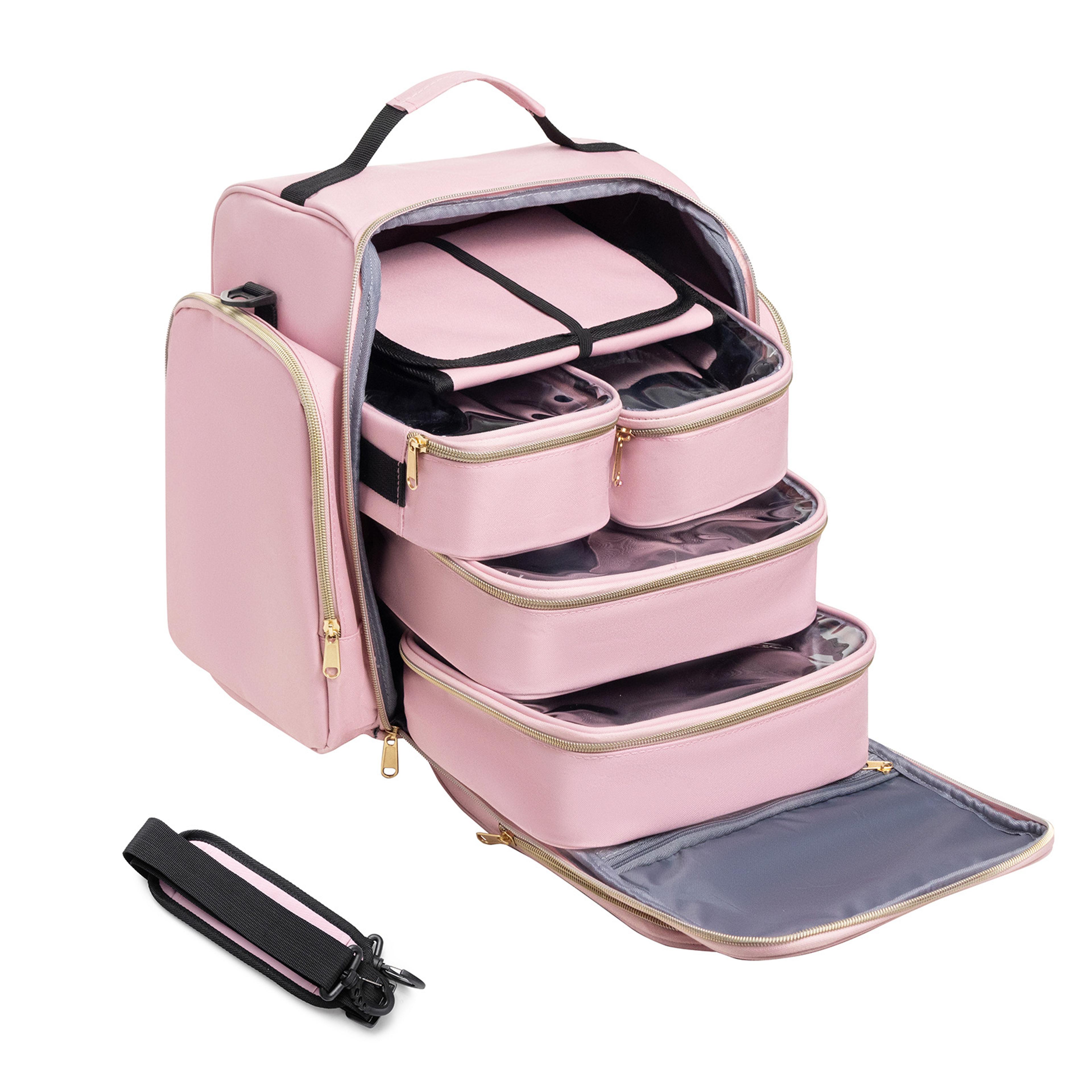 large capacity cosmetic bag travel organizer with detachable storage boxes and jewelry roll