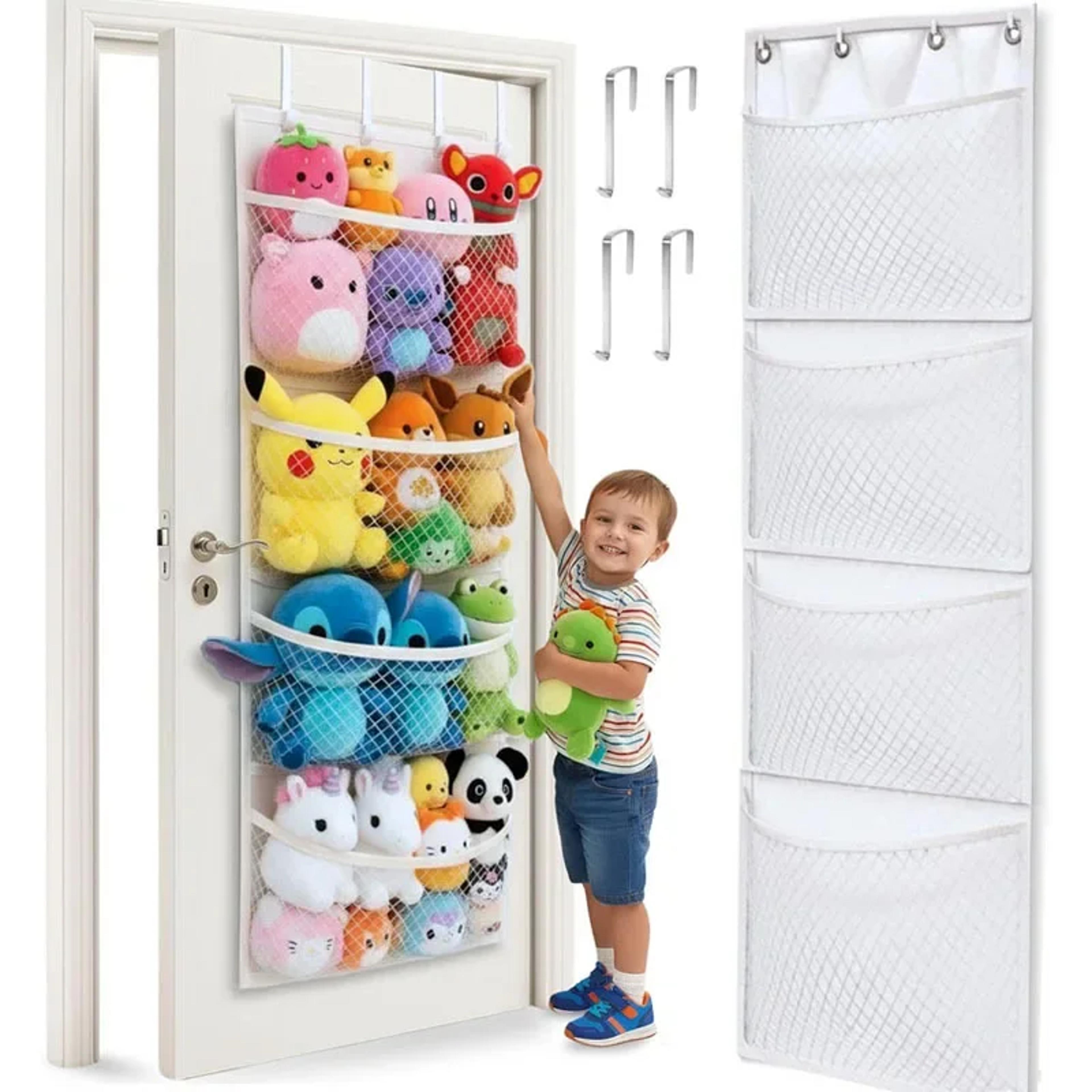 over door plush toy storage organizer with large mesh pockets