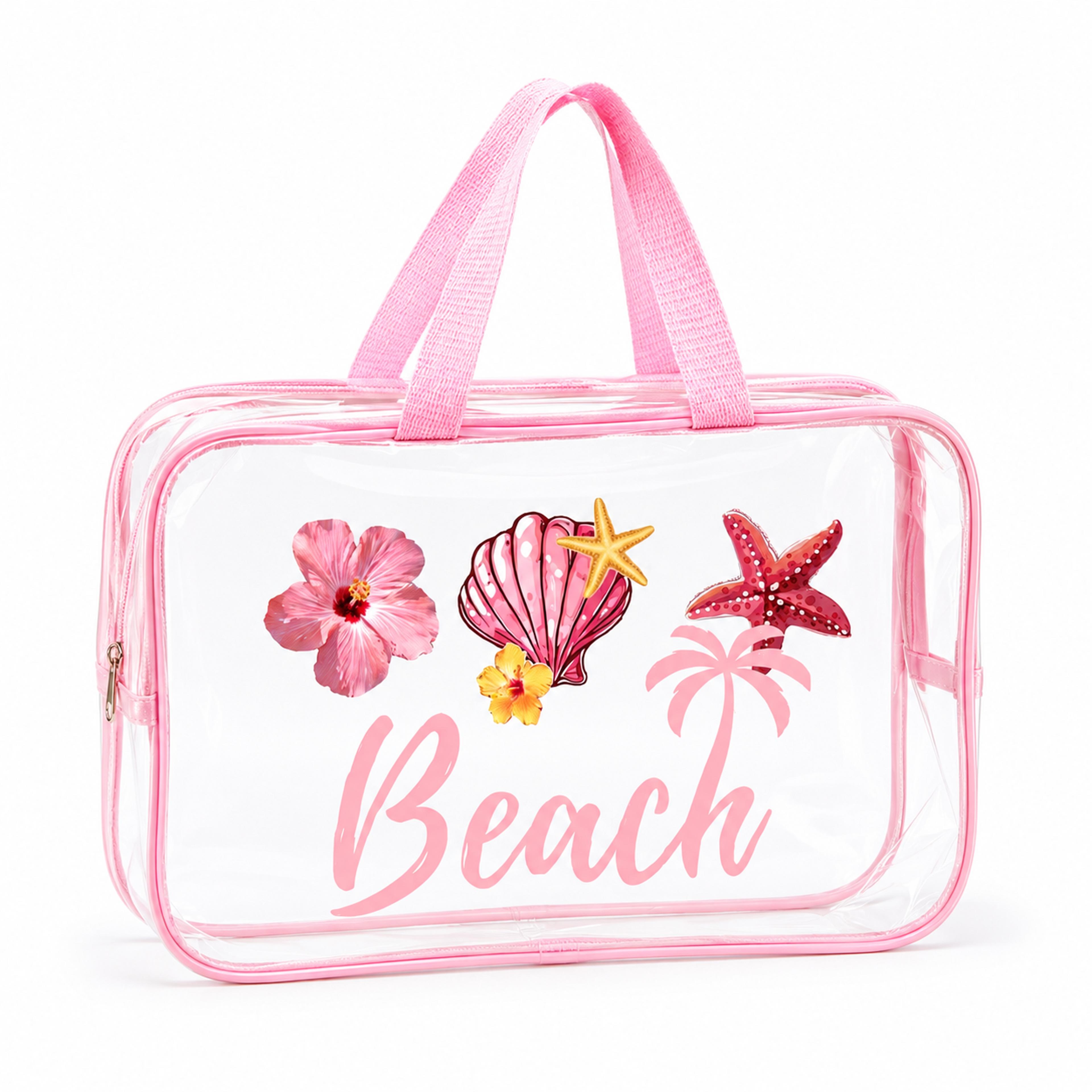 clear pvc beach cosmetic bag large capacity travel toiletry organizer with pink handle