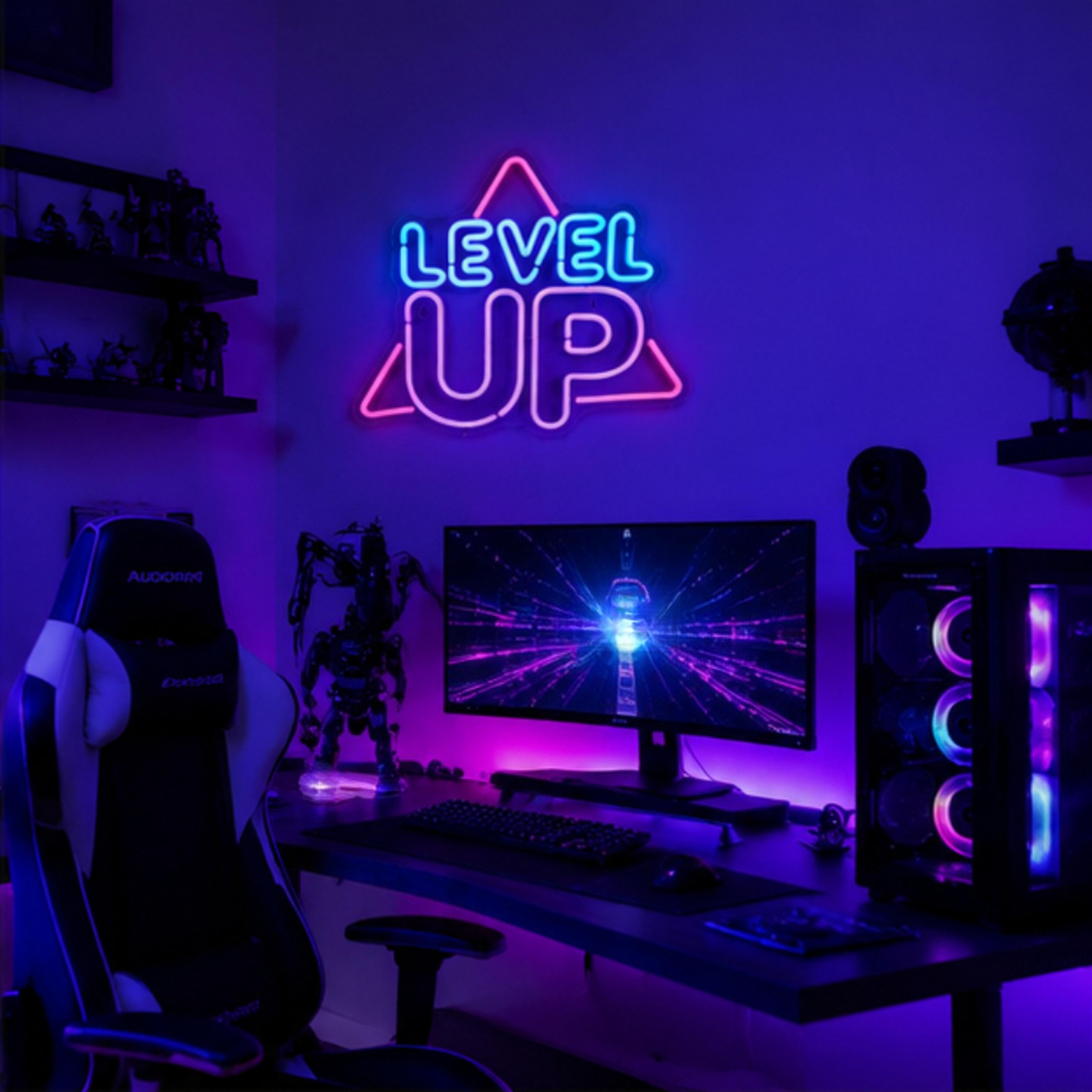 level up gaming led neon wall light retro arcade decor for game room and man cave