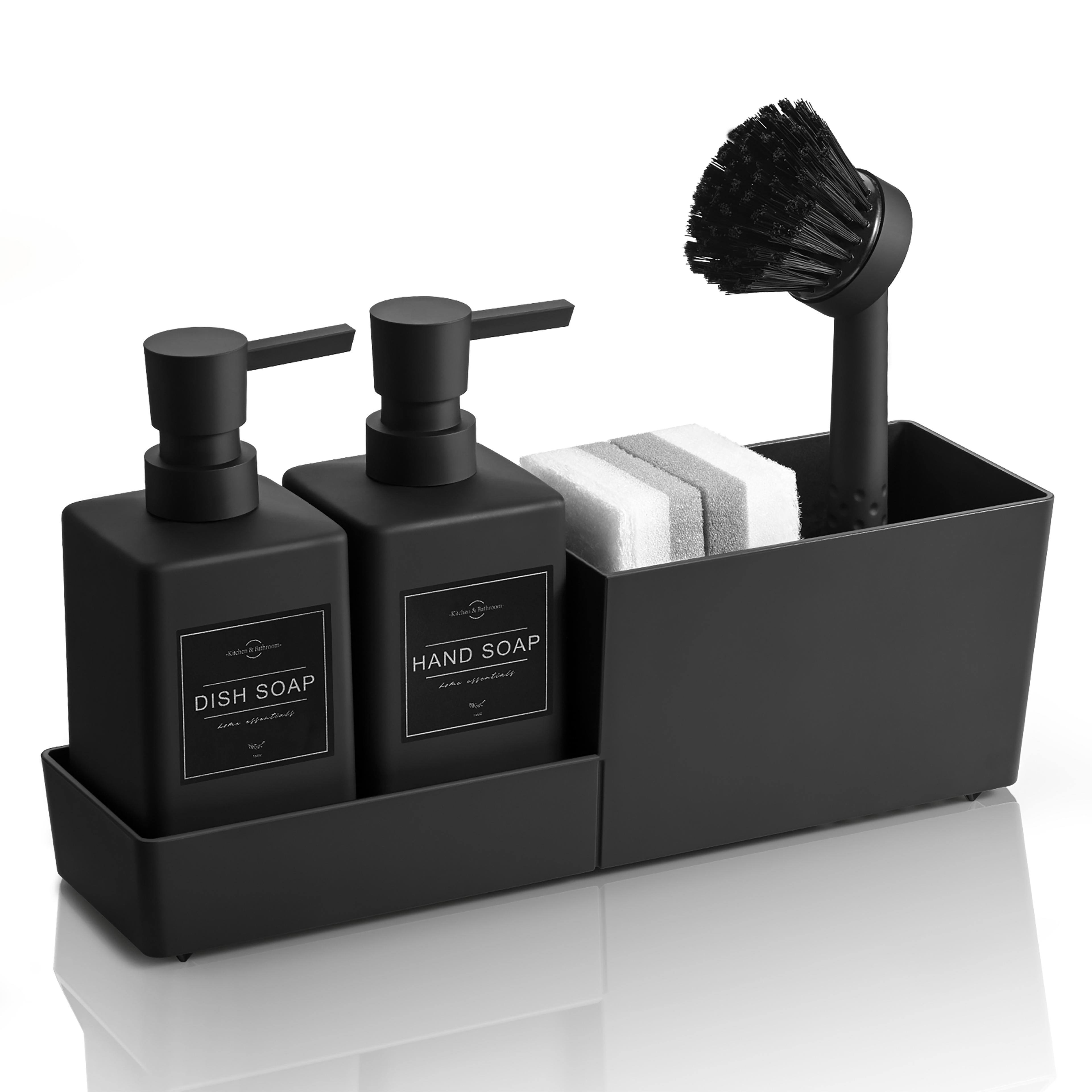 bathroom soap dispenser with sponge holder and brush sink organizer for easy countertop cleaning