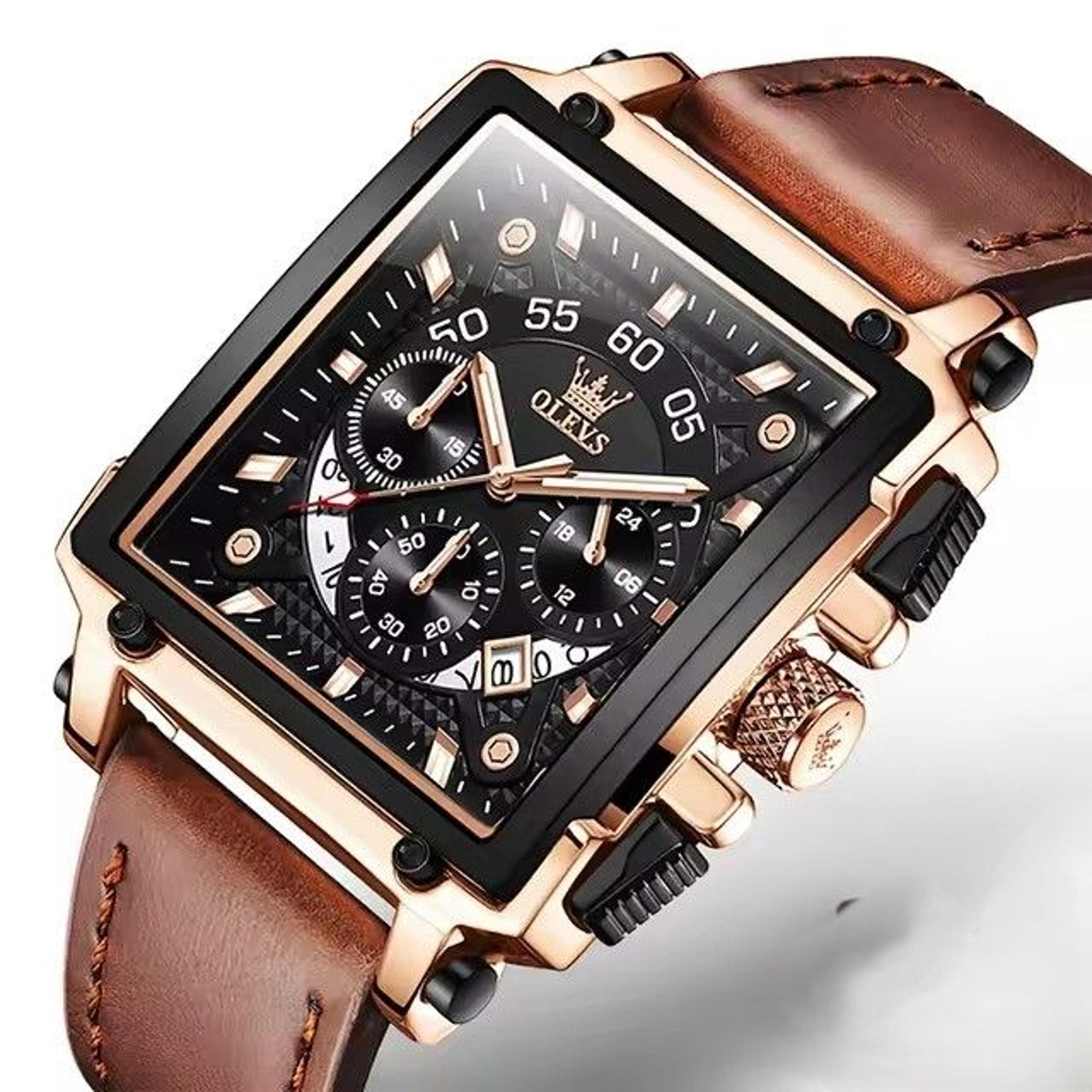 original quartz square chronograph watch for men with leather strap waterproof sport design