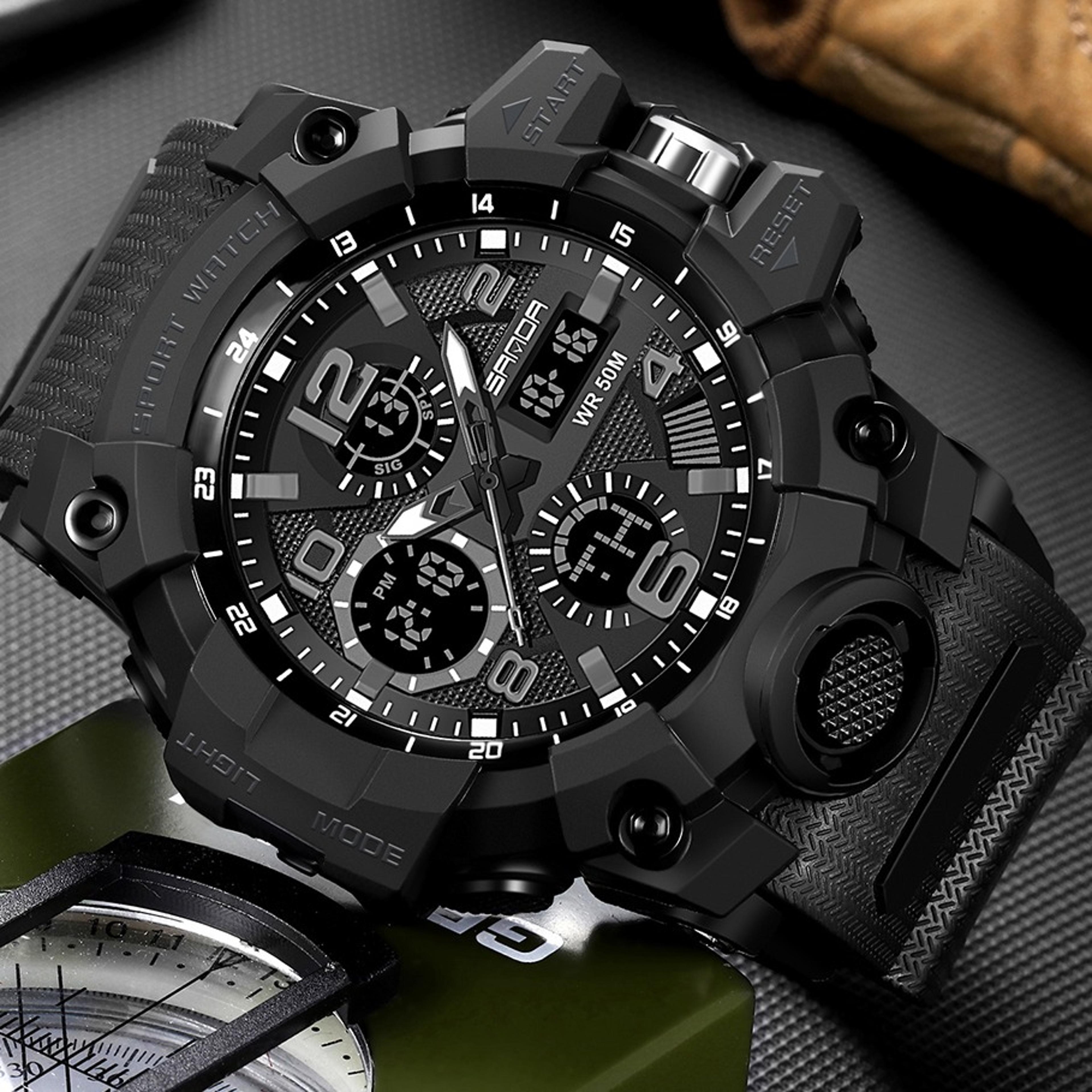 mens waterproof led dual display military sport watch with quartz chronograph