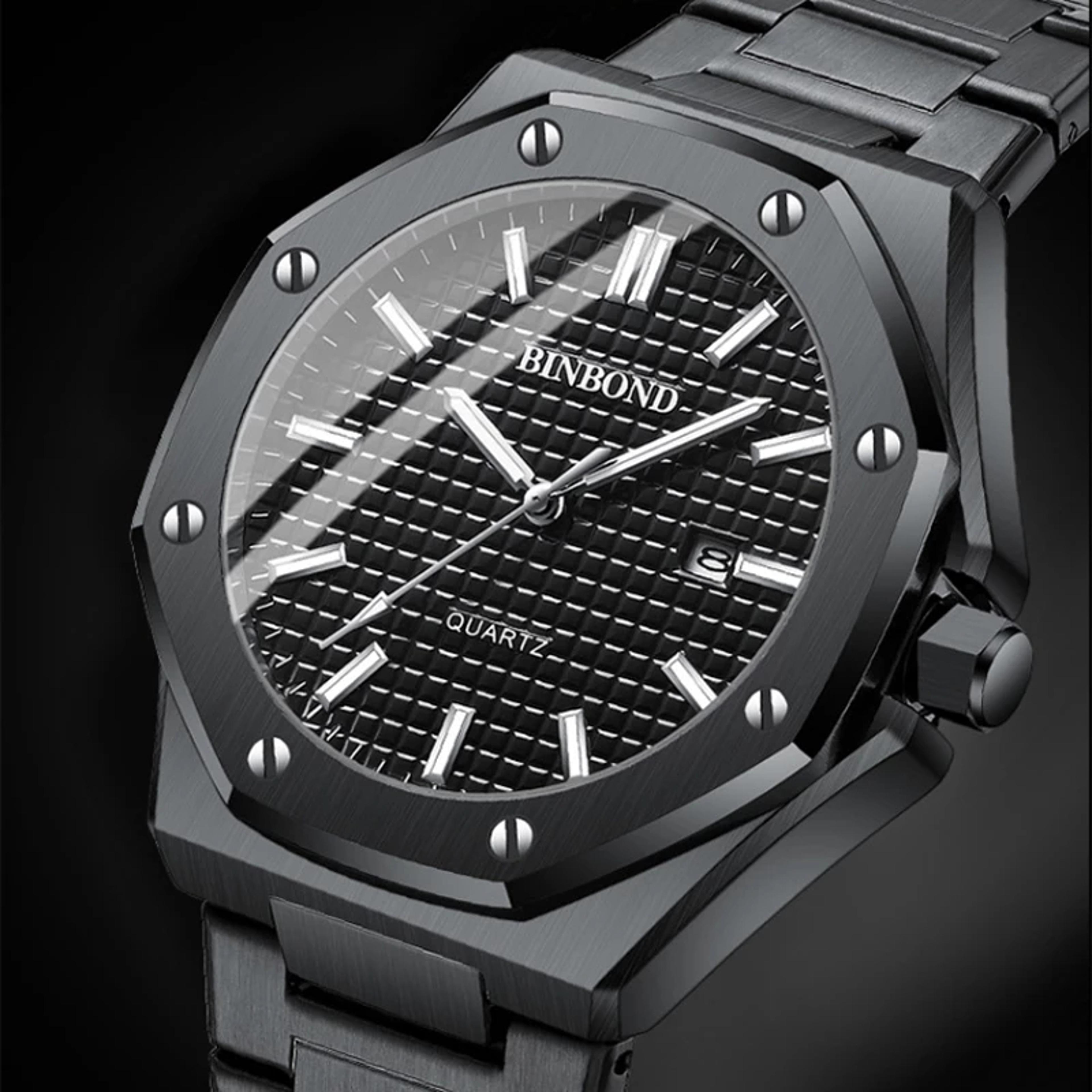 luxury mens quartz watch stainless steel large dial waterproof fashion timepiece