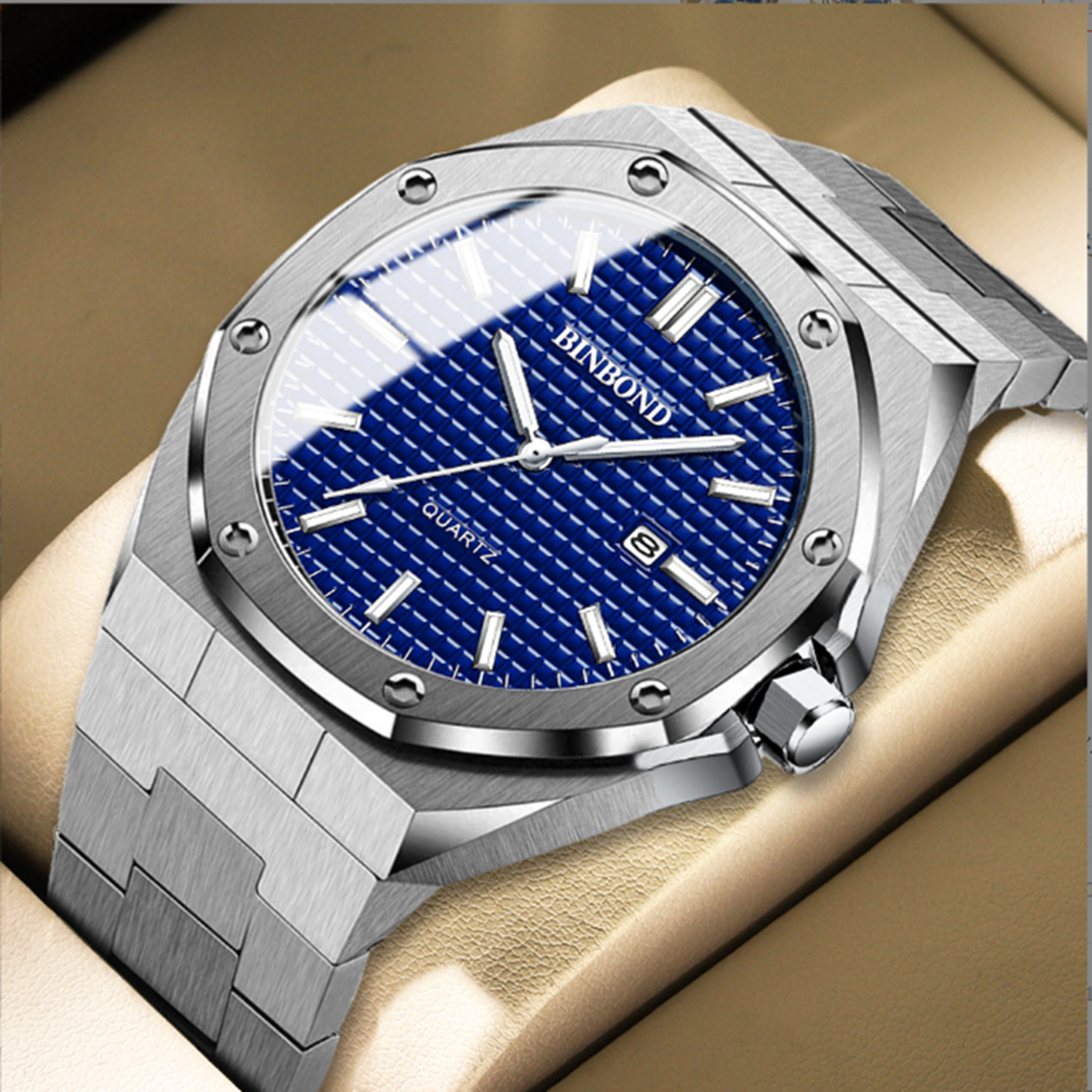 fashionable silver stainless steel men watch with big dial calendar quartz design