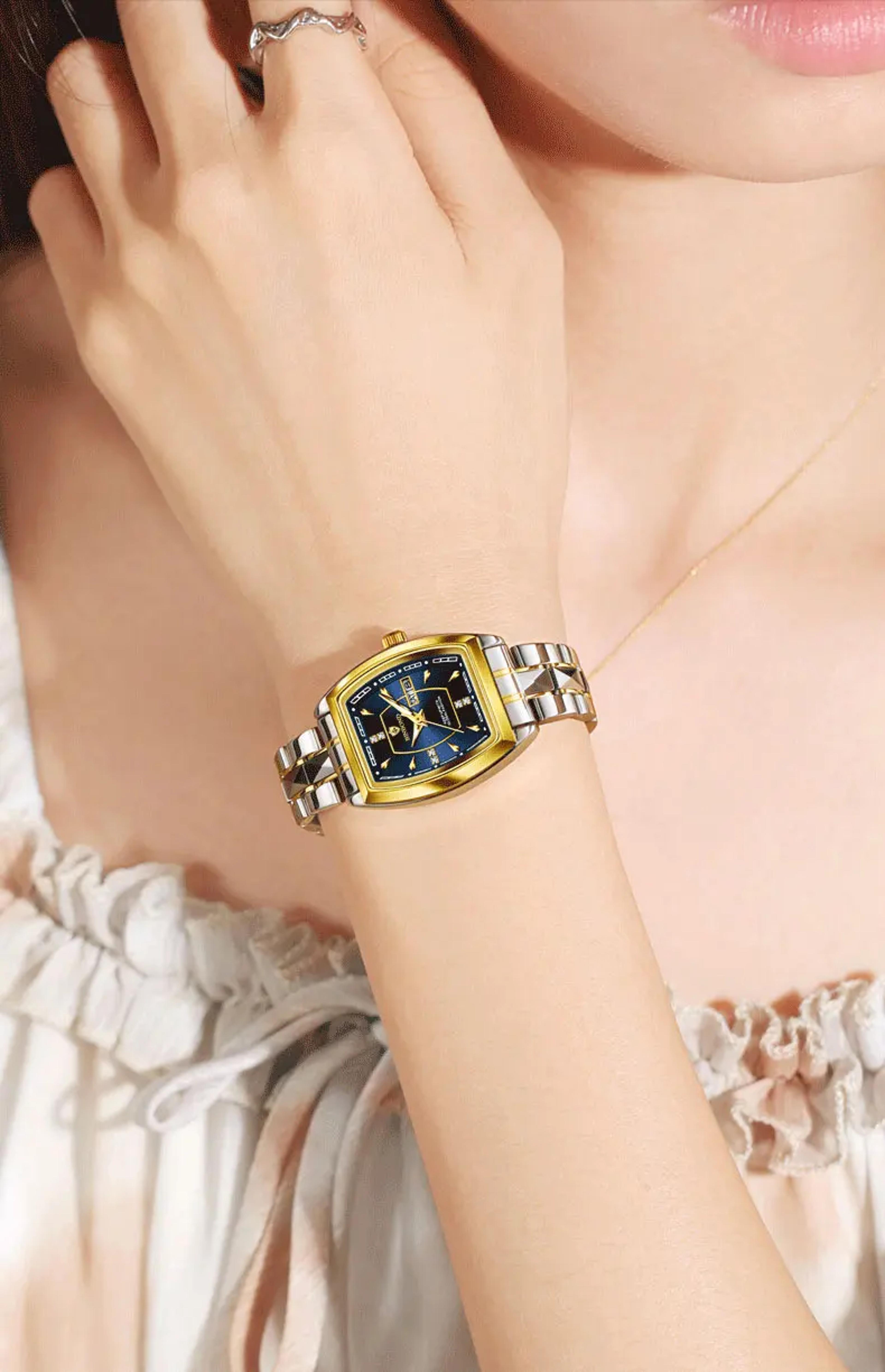 square couple watches set stainless steel quartz lover watches with date week and luminous display