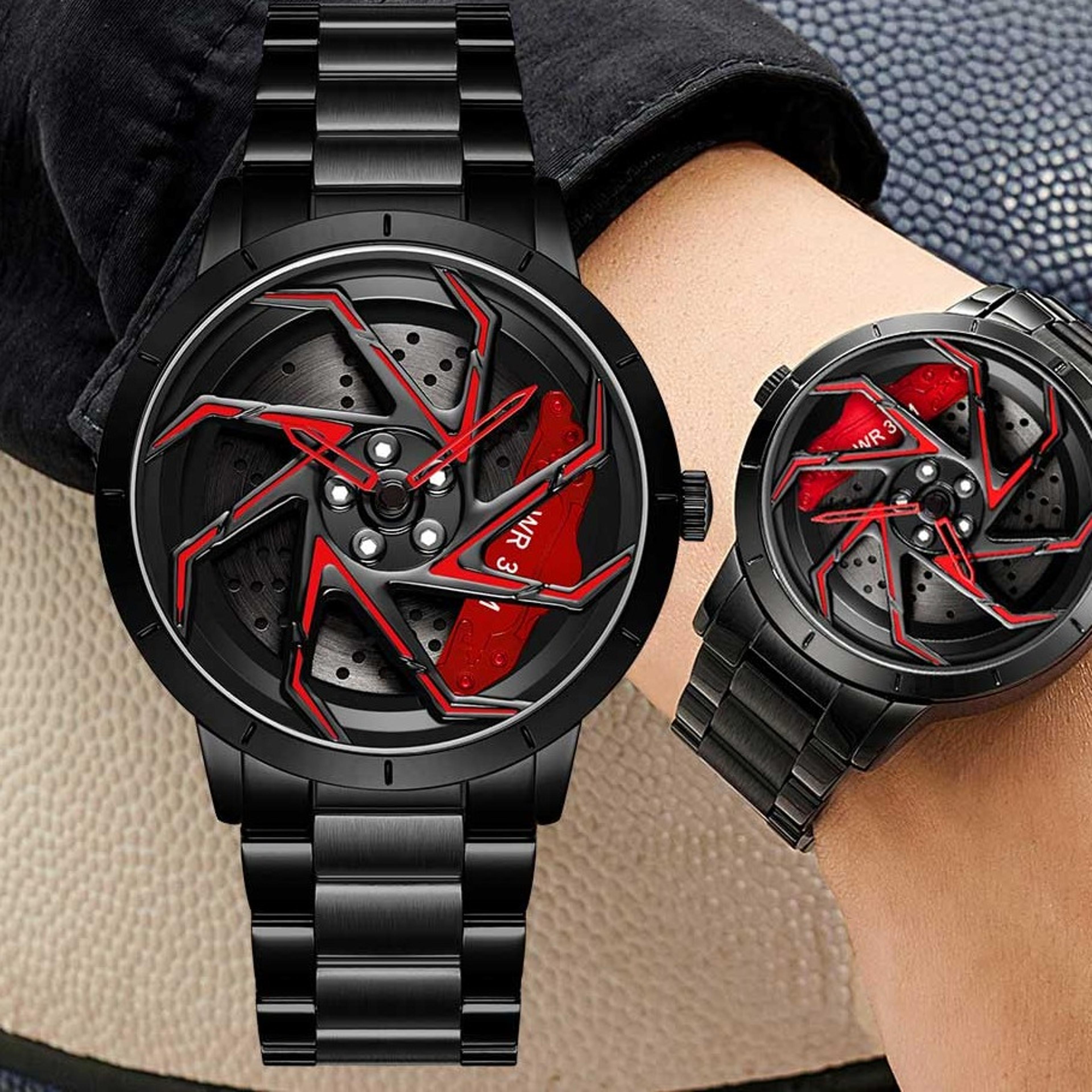 rotating car rim watch for men stainless steel quartz sports watch