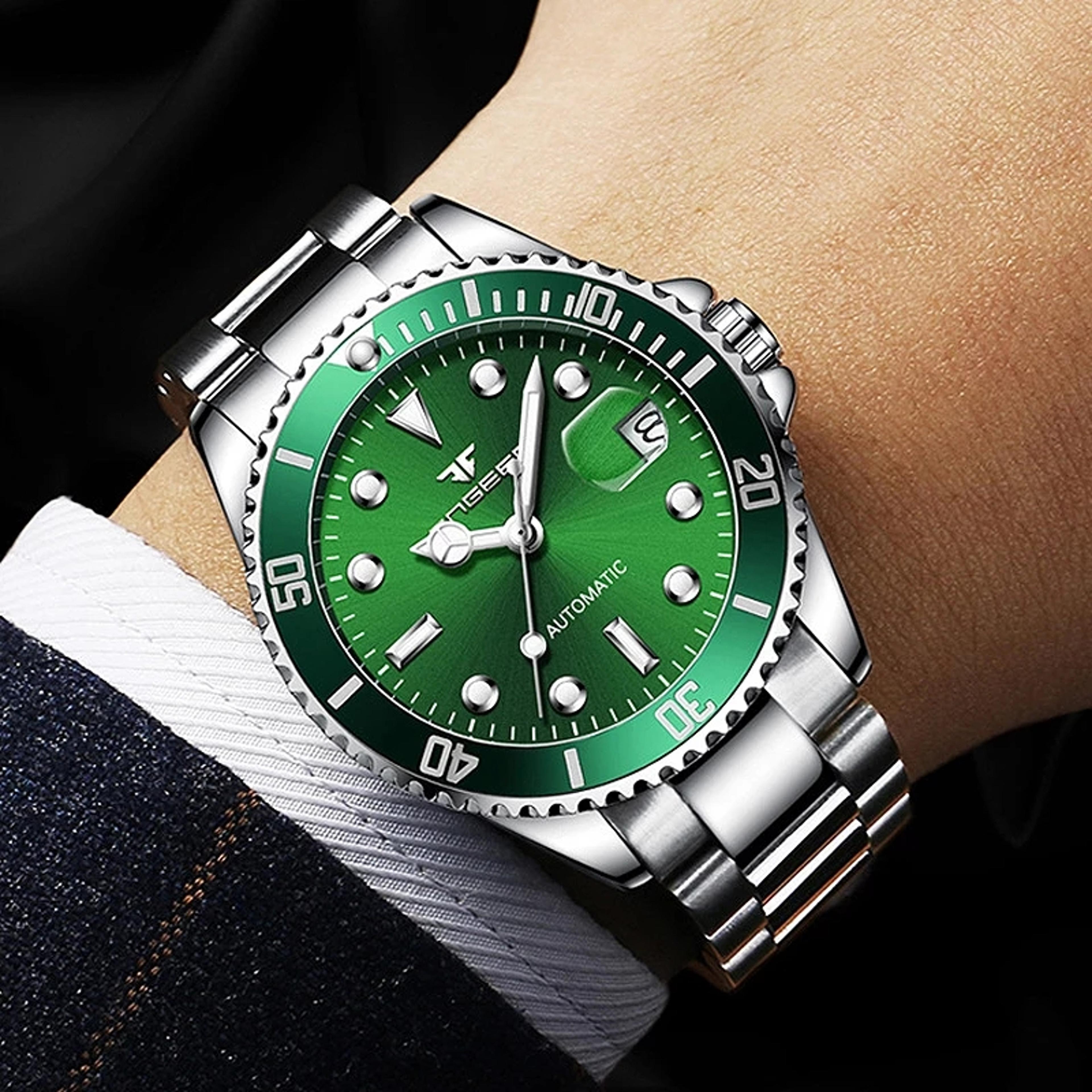 skeleton mechanical watch for men with luminous dial and stainless steel band