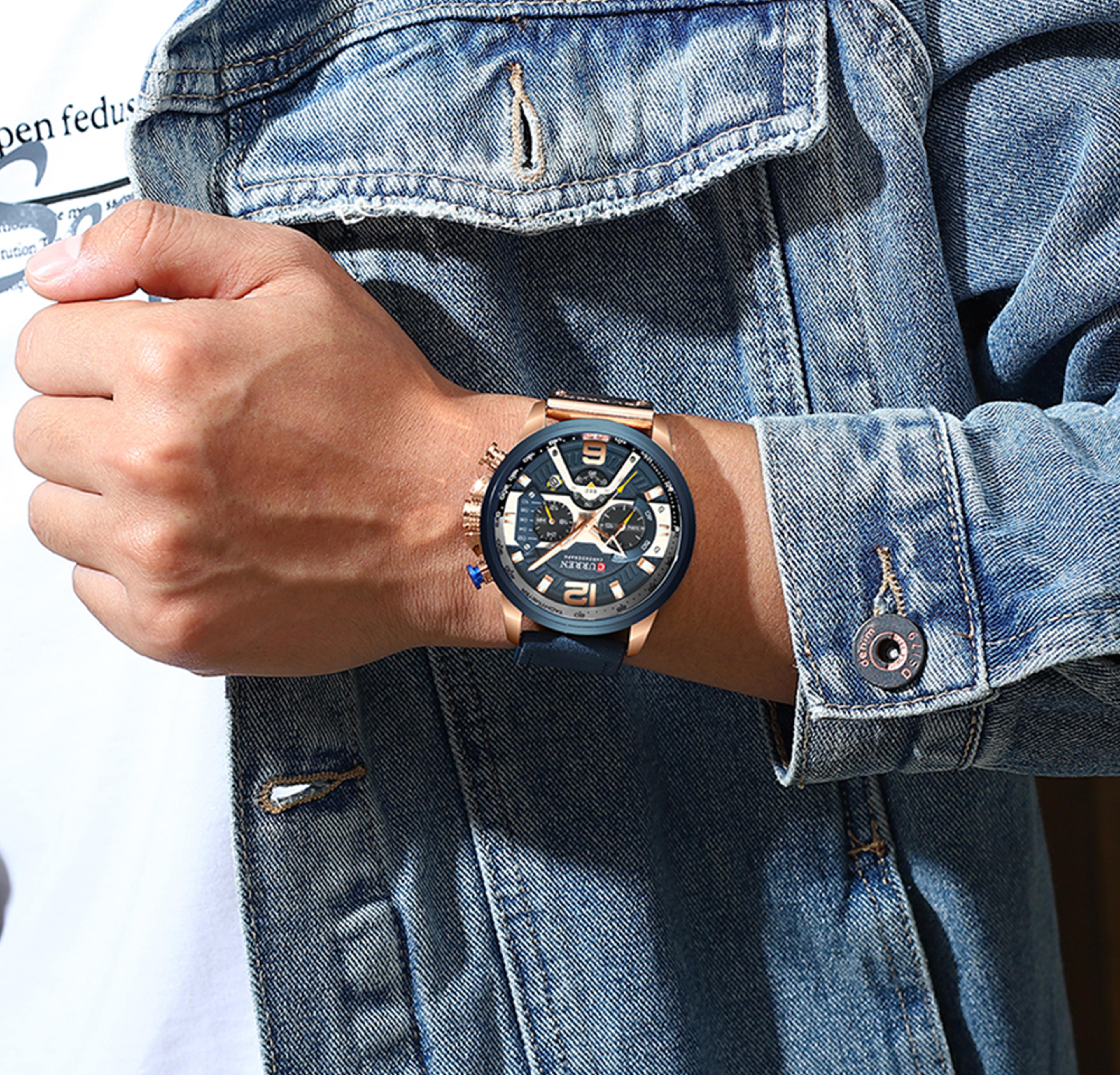 luxury blue dial mens military leather chronograph sport watch