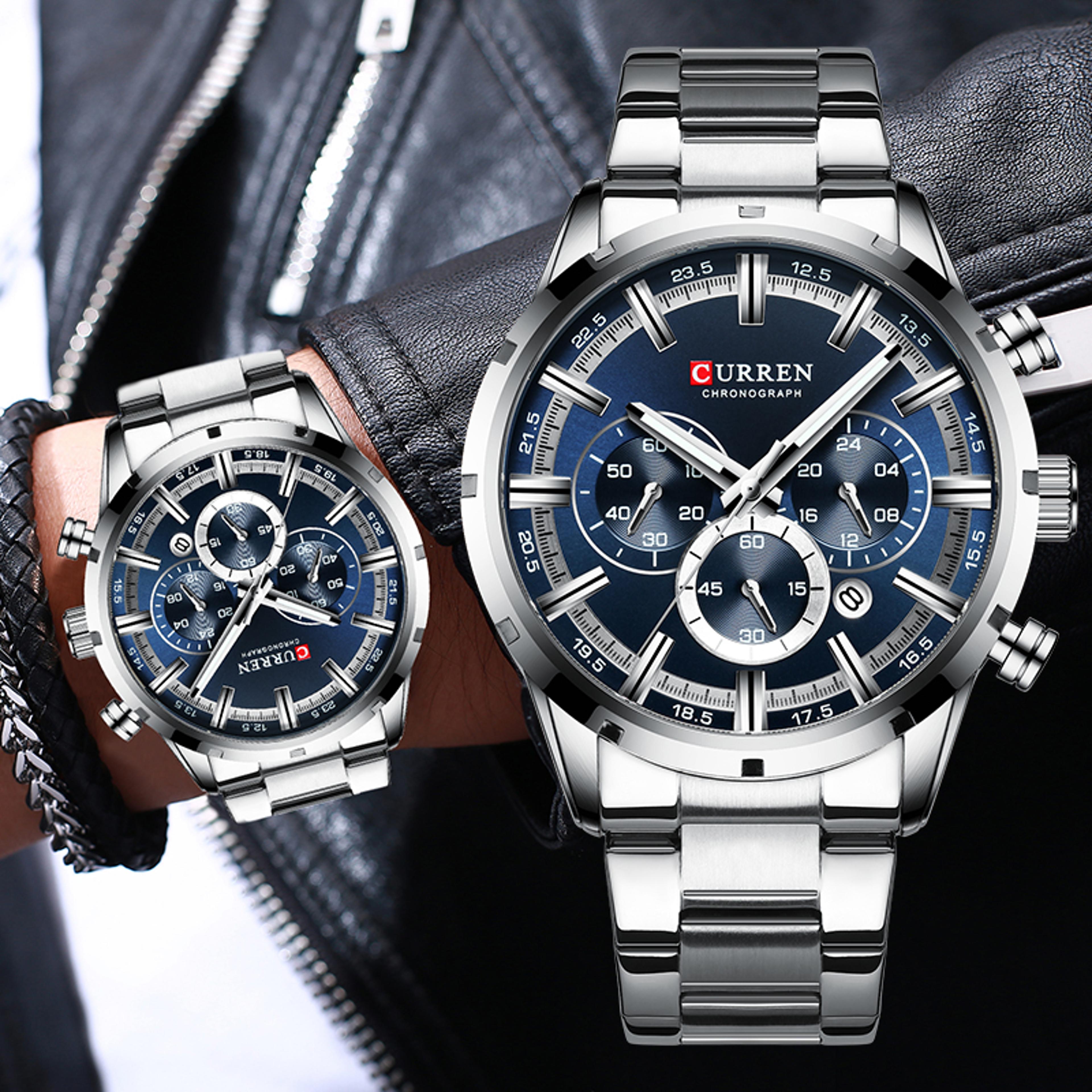 luxury mens stainless steel chronograph watch waterproof sports quartz wristwatch