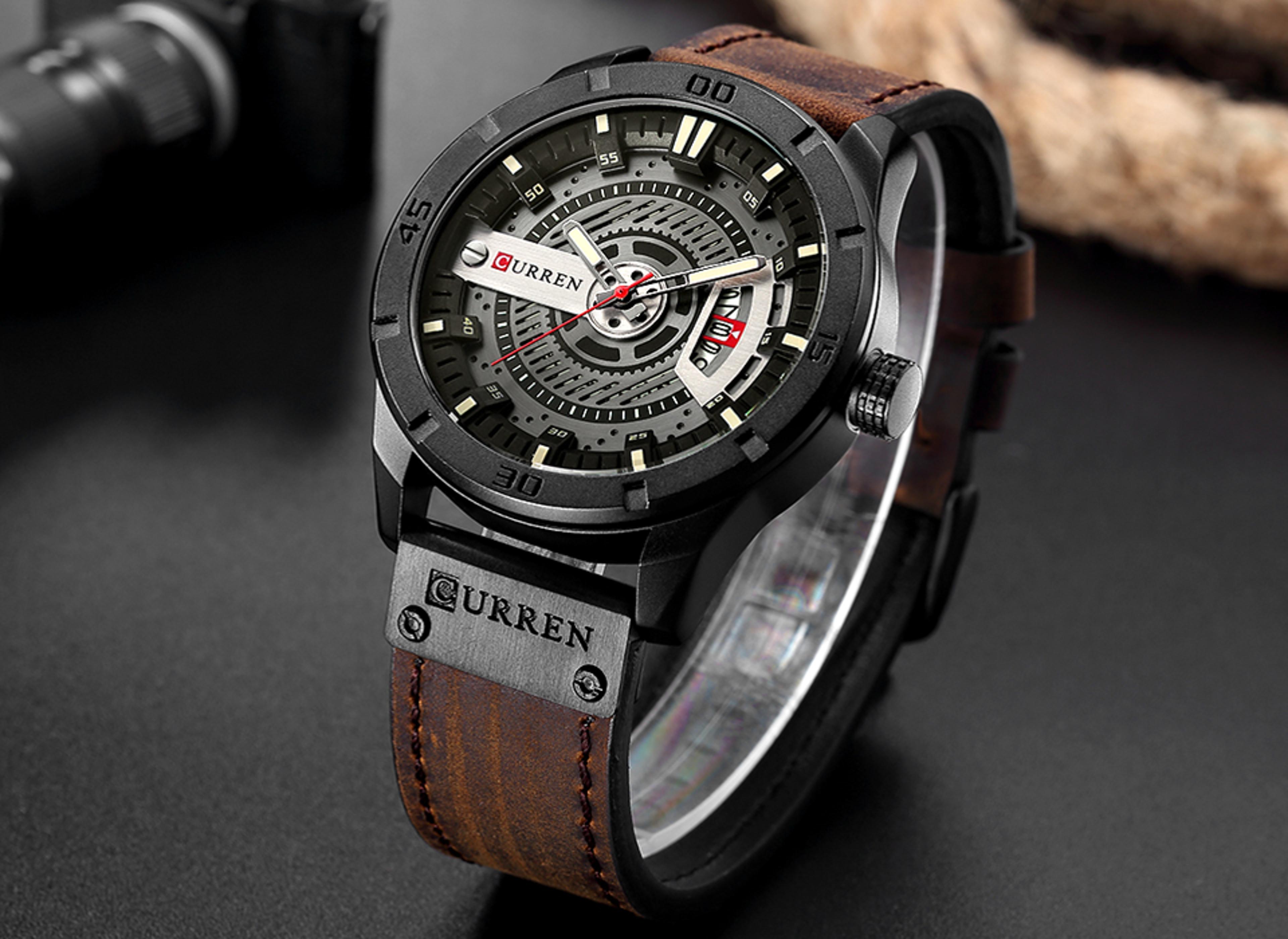 mens quartz watch with leather strap and date display