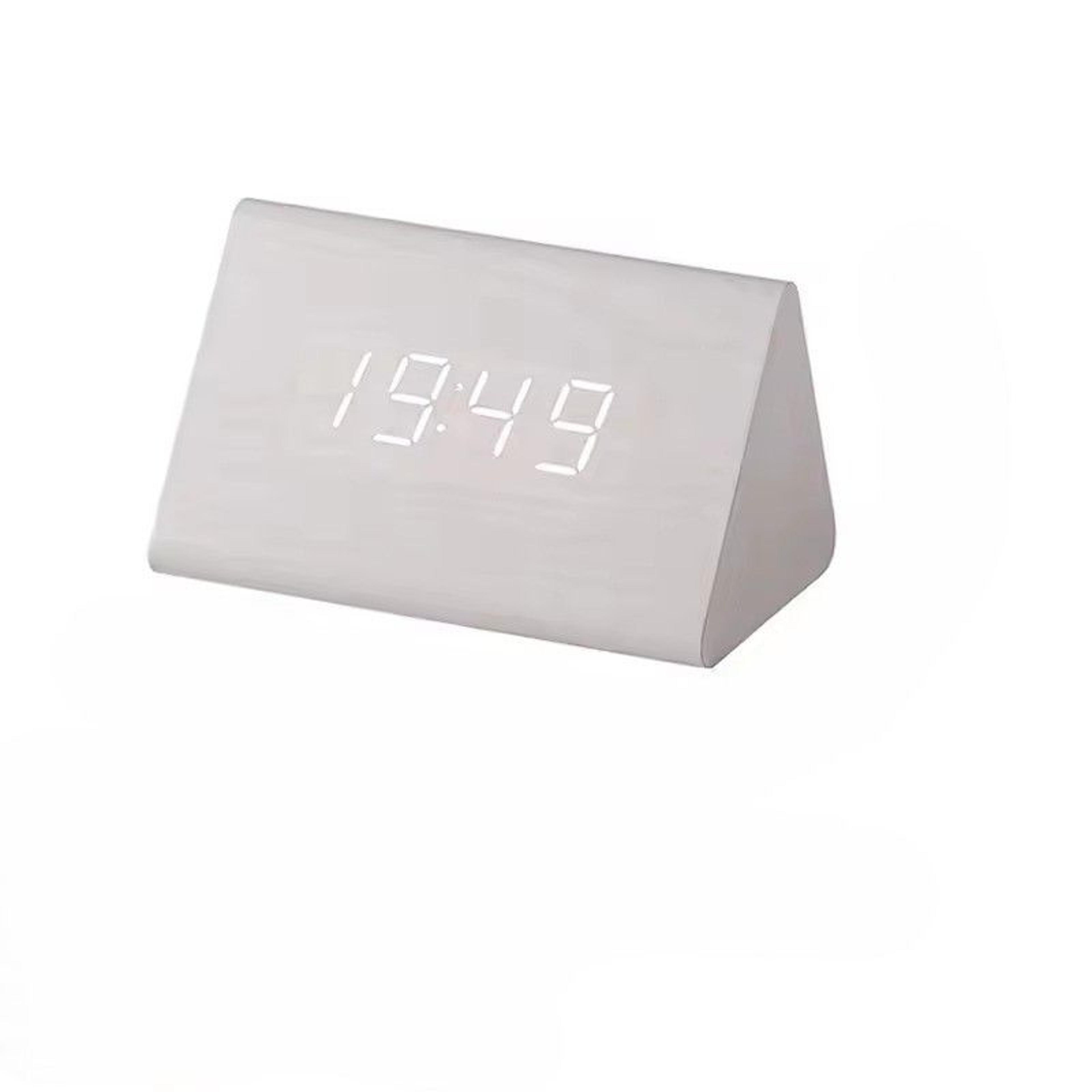 wooden digital alarm clock with led display, temperature and sound control