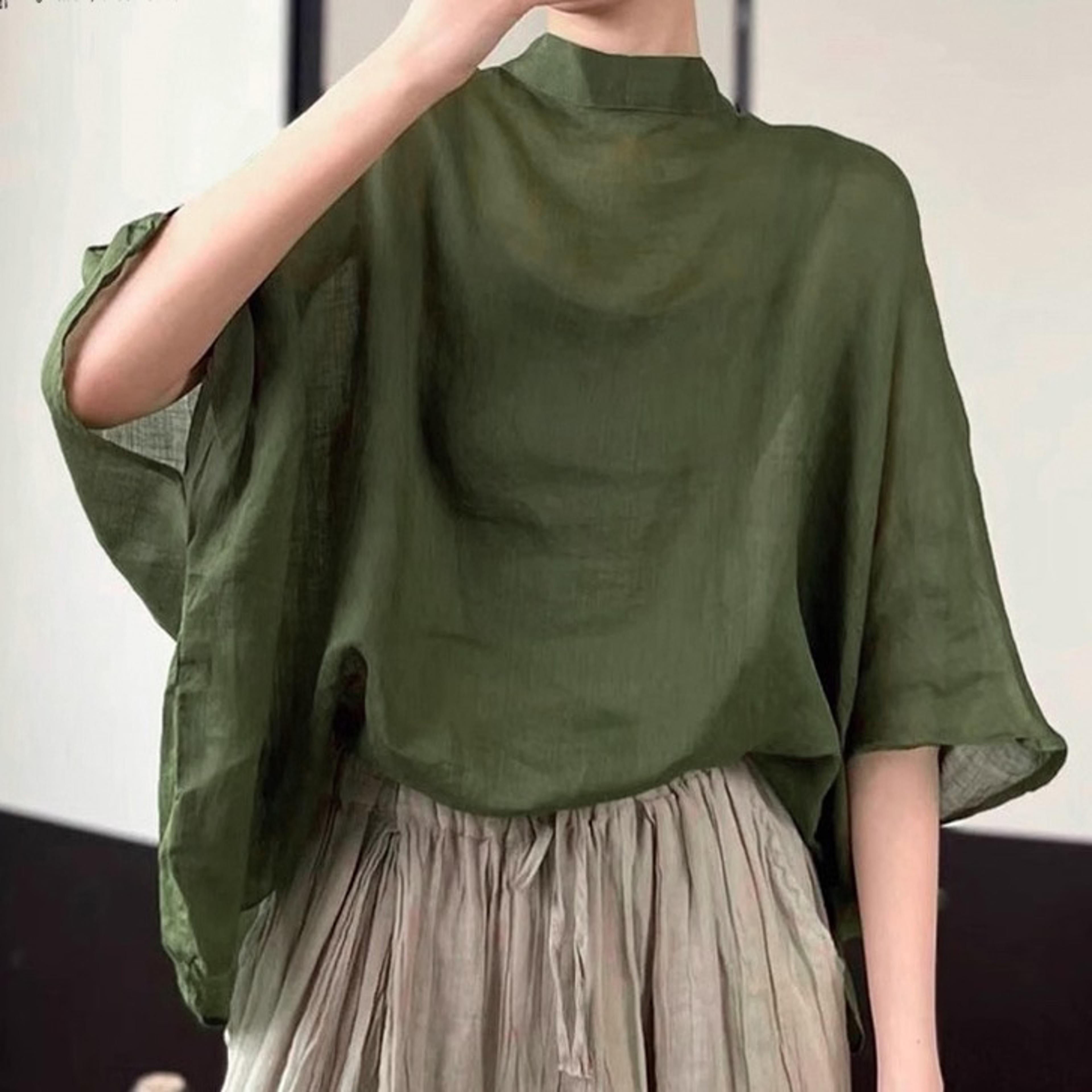 womens asymmetrical batwing sleeve blouse with stand collar