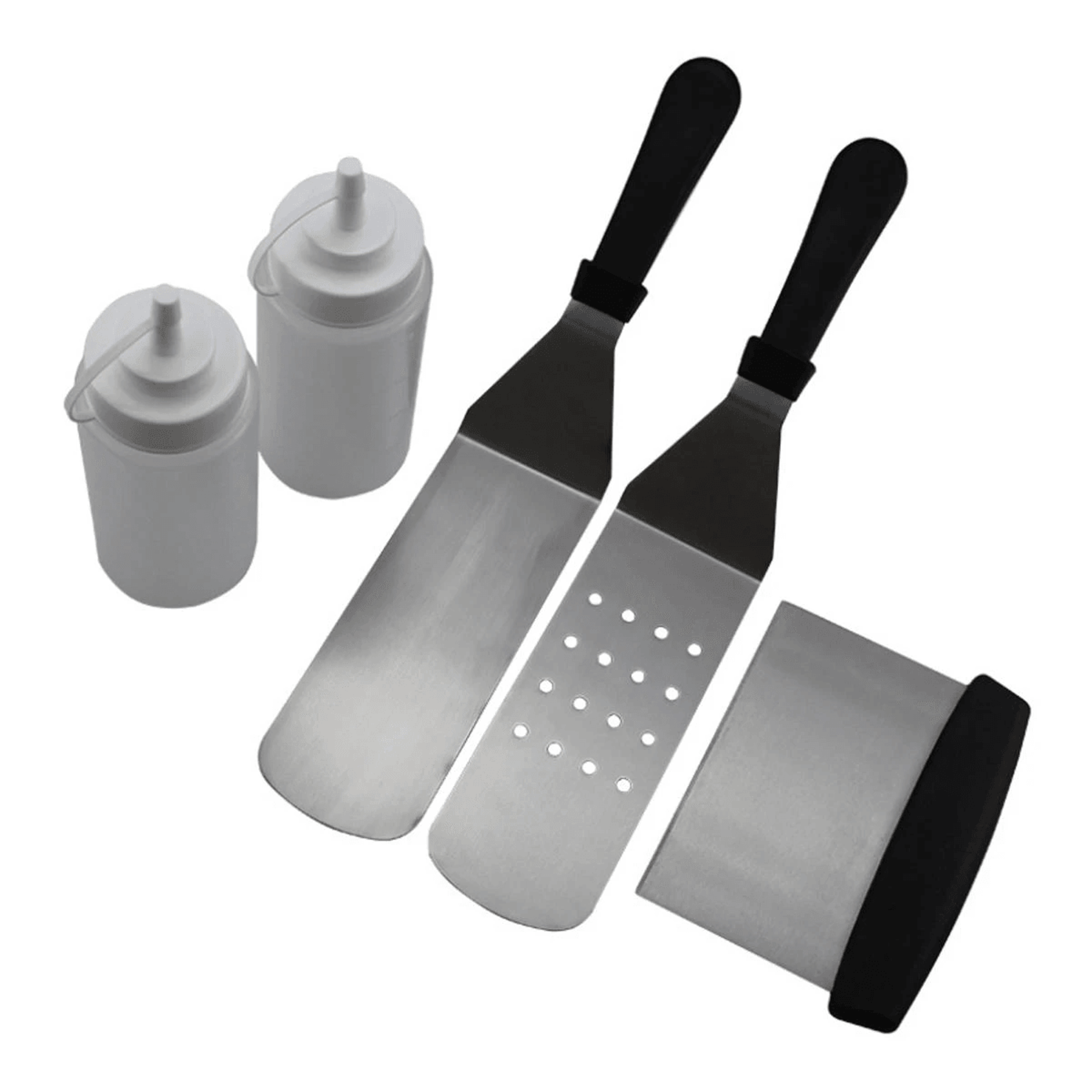 stainless steel griddle tool kit with spatulas scraper and squeeze bottle