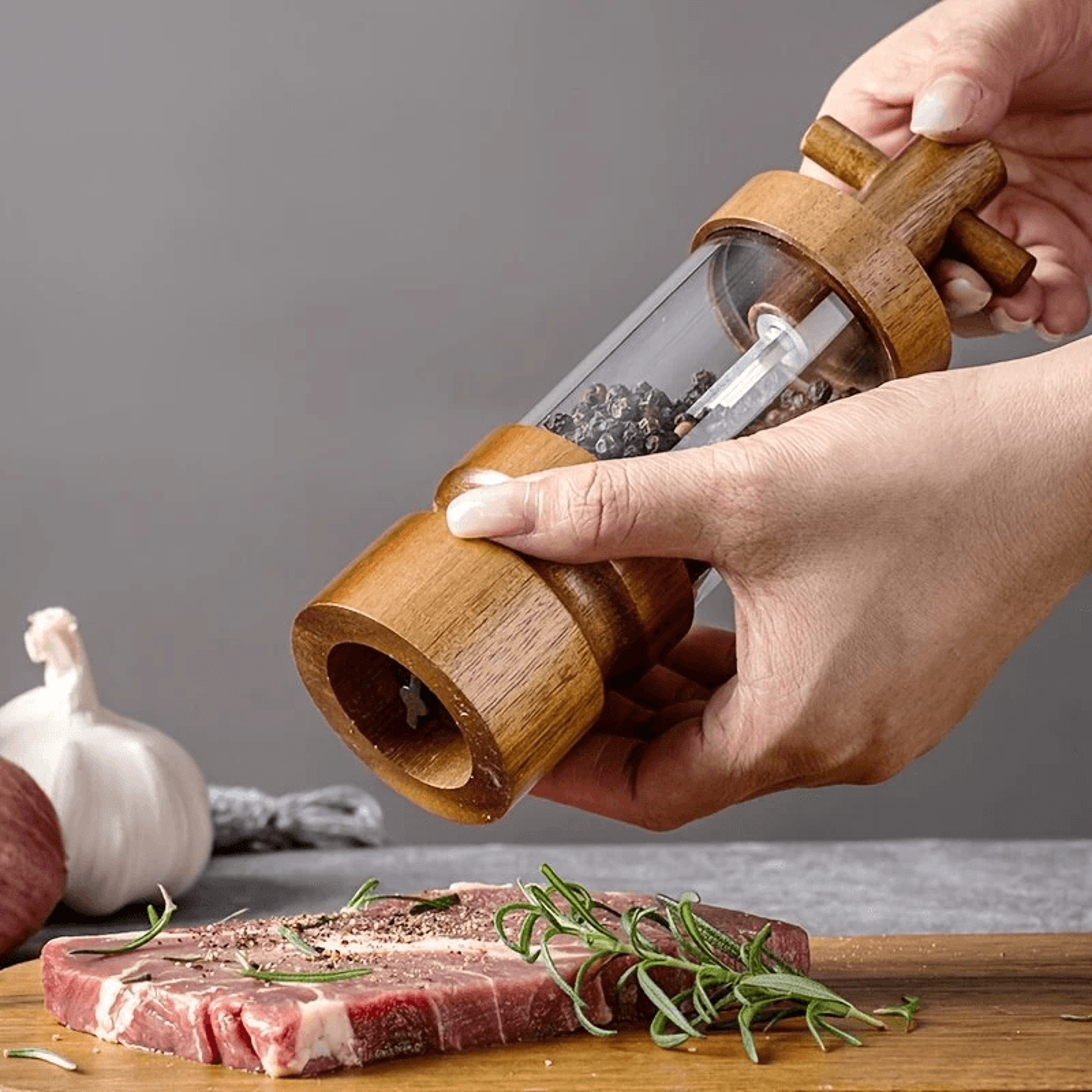 wood pepper grinder with clear acrylic salt and spice mill