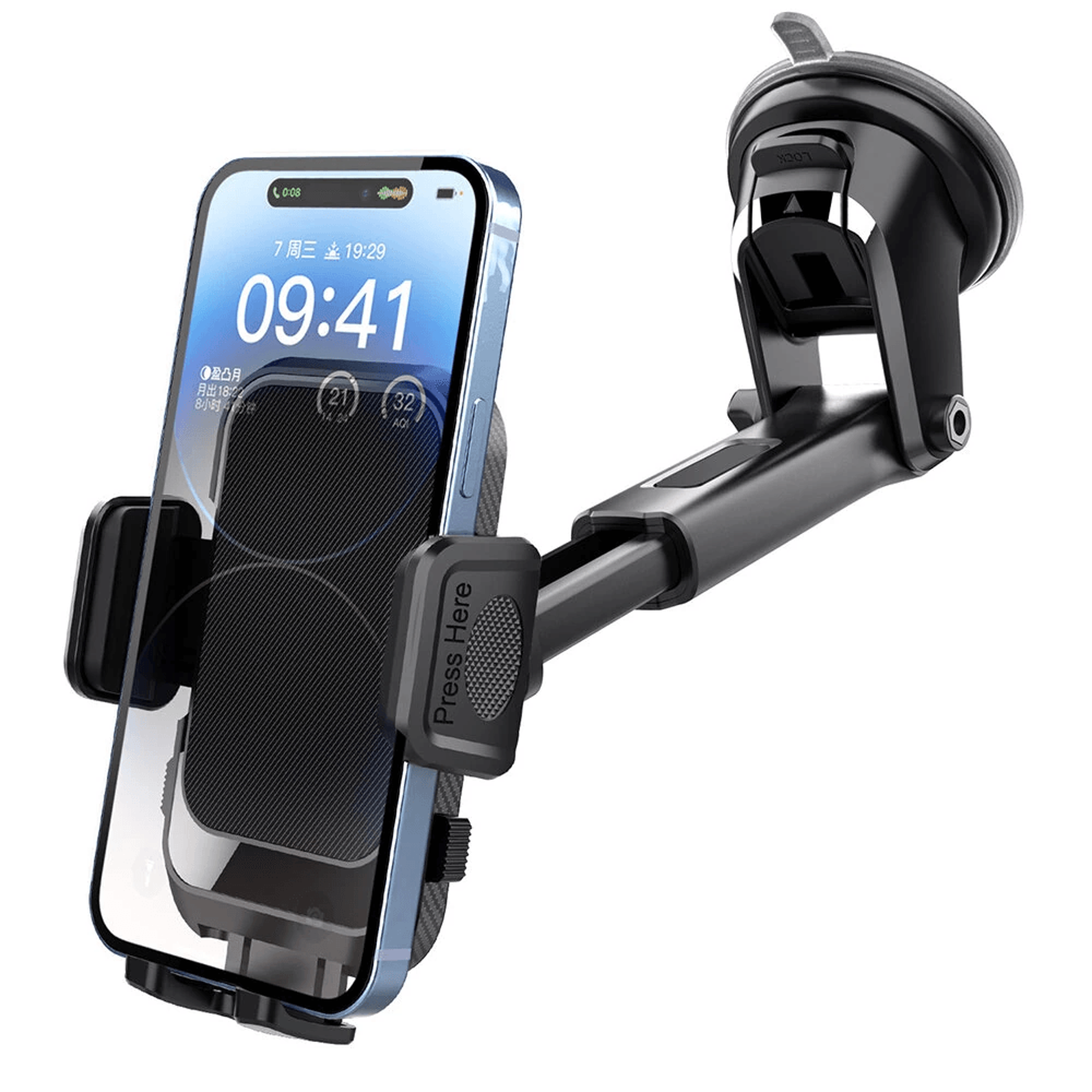 adjustable car phone holder with retractable suction cup dashboard mount