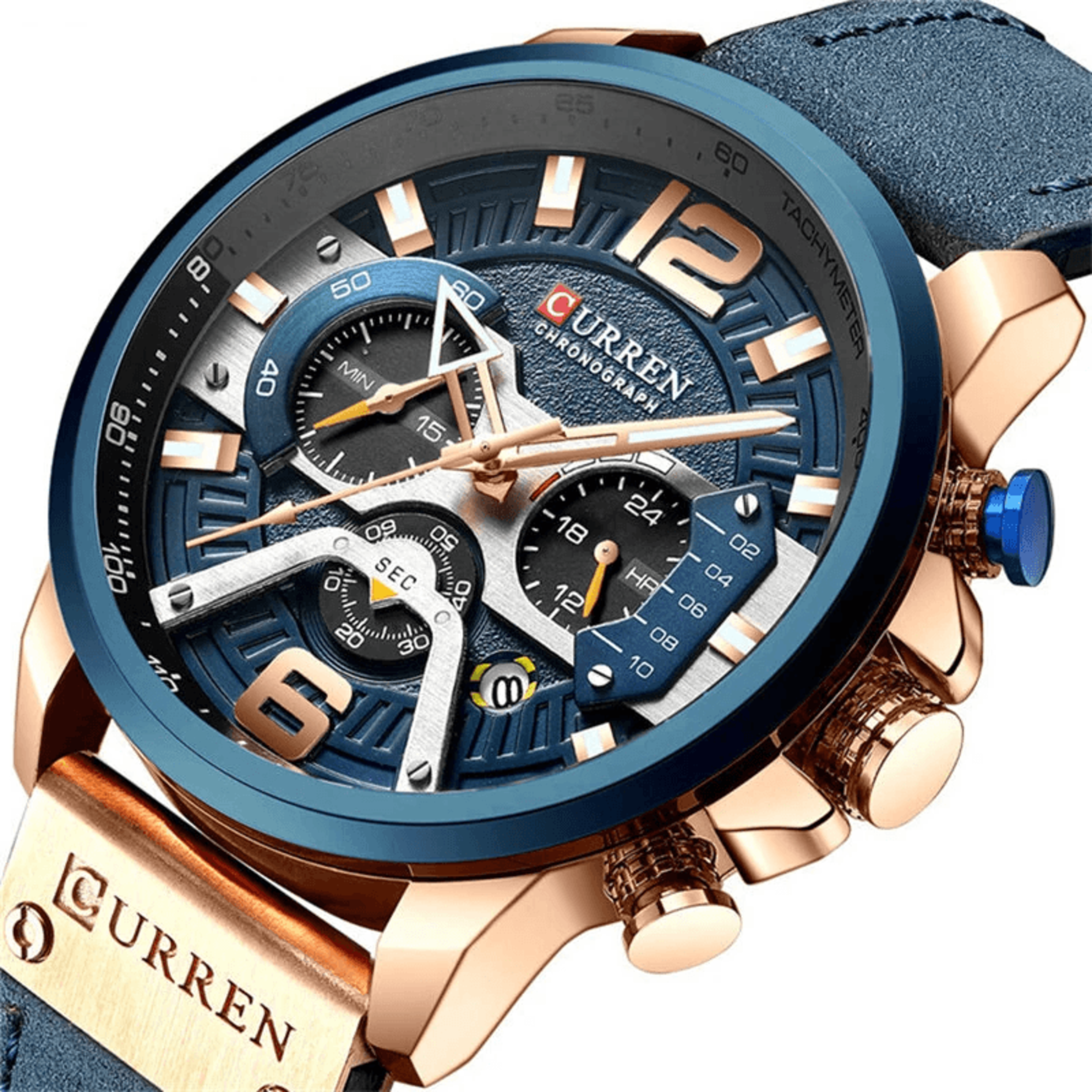 men's chronograph watch with genuine leather strap and calendar analog display
