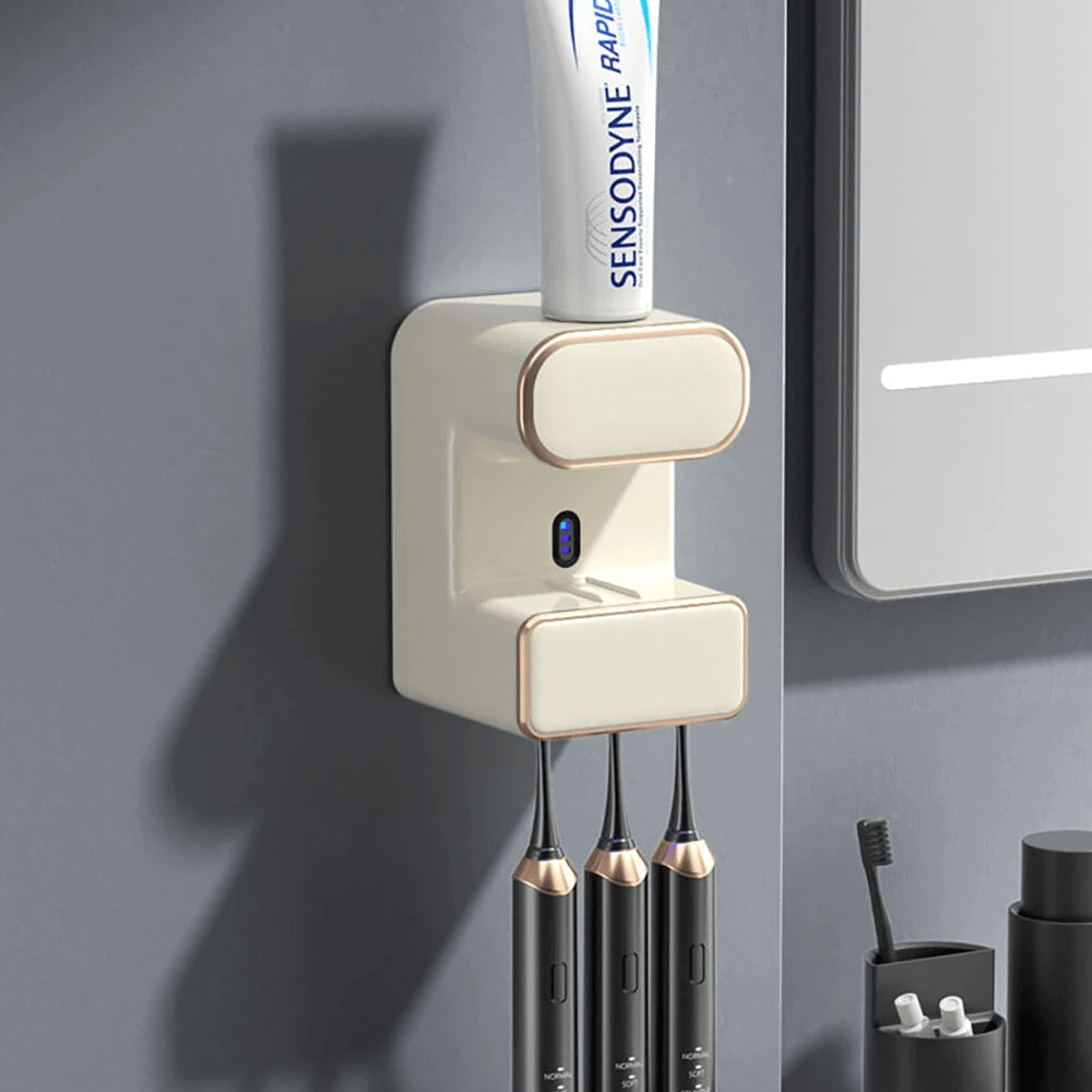 uv toothbrush sanitizer with automatic toothpaste dispenser and wall mounted holder