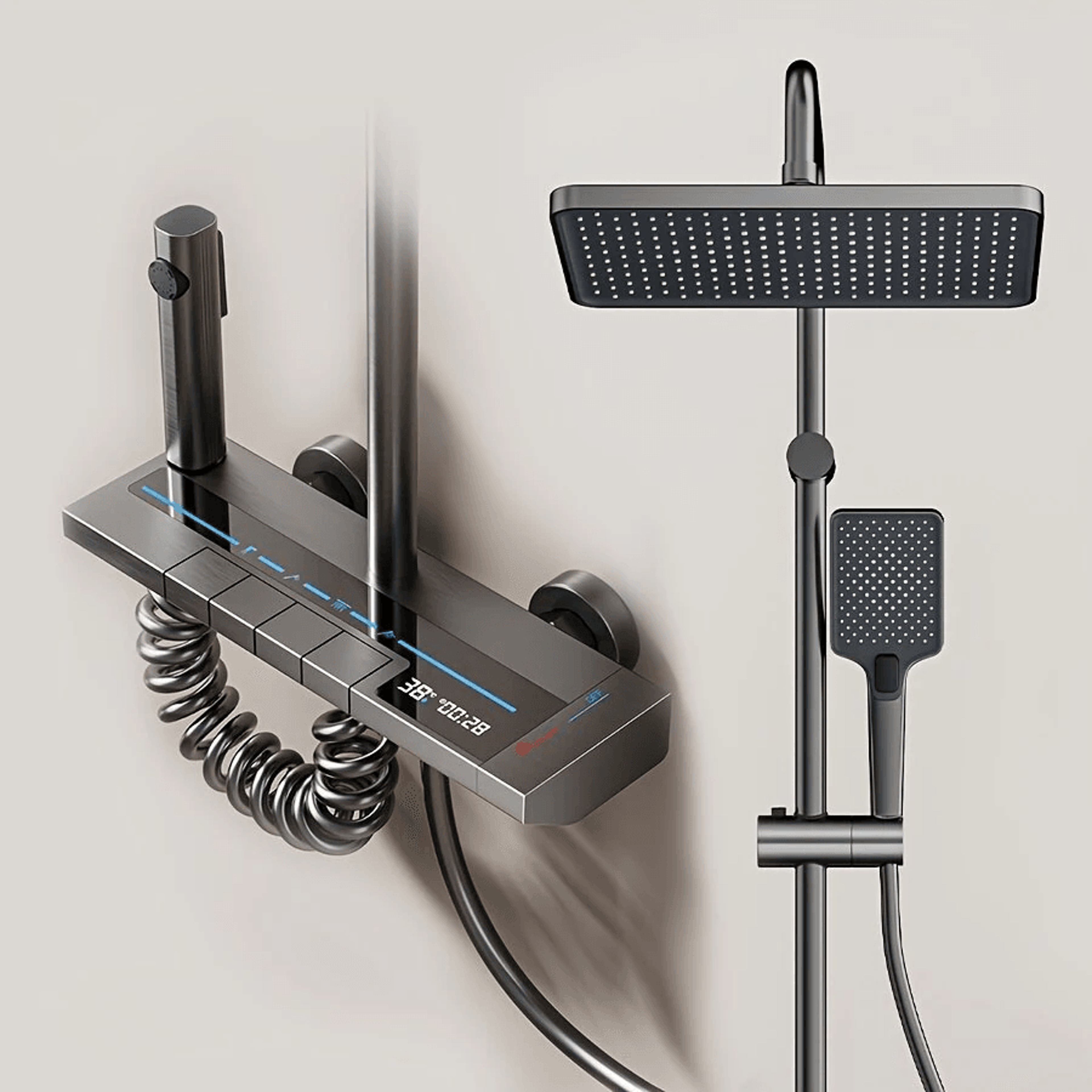 digital display rainfall shower system with piano button controls and ambient light