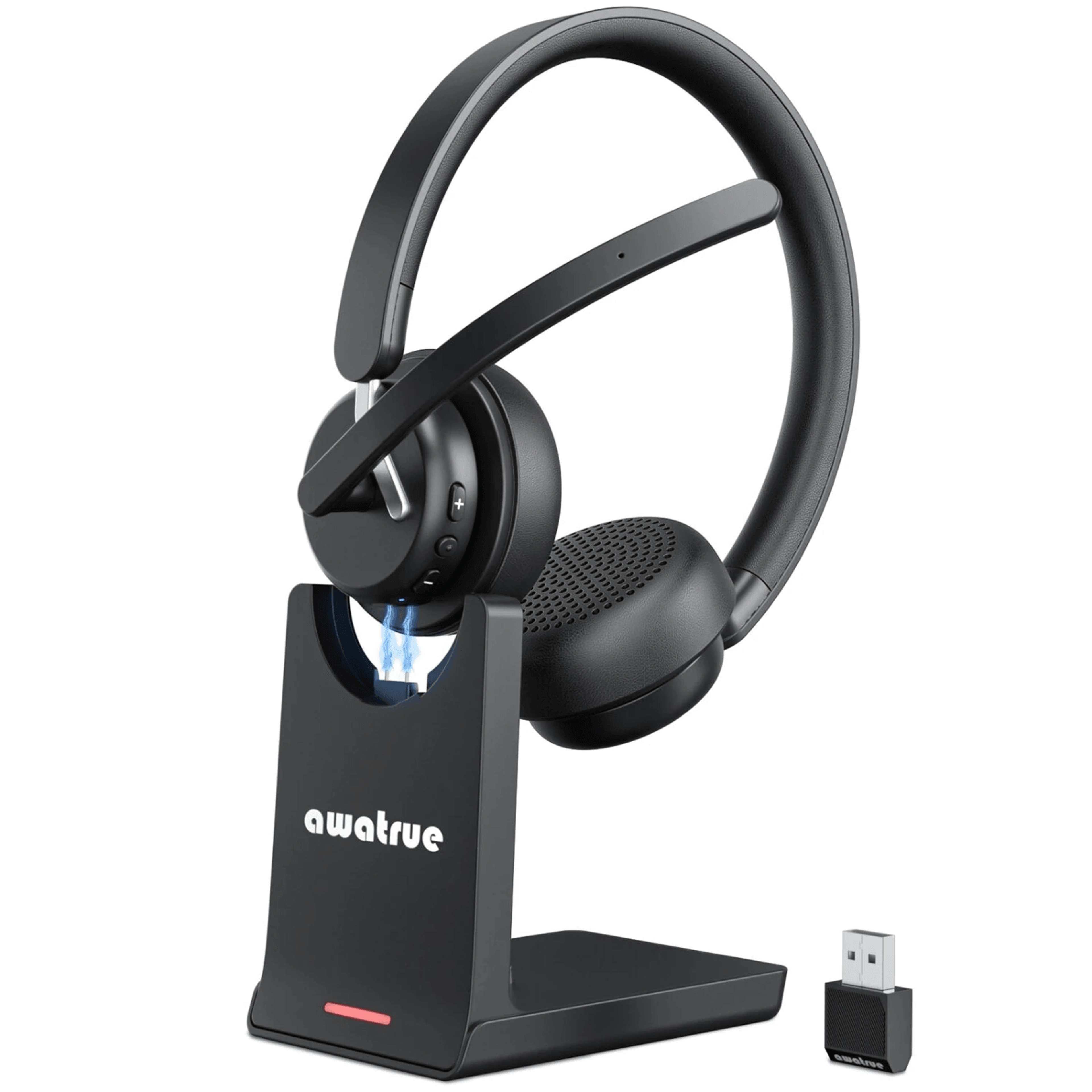 wireless headset with ai noise cancelling microphone charging base and hour battery