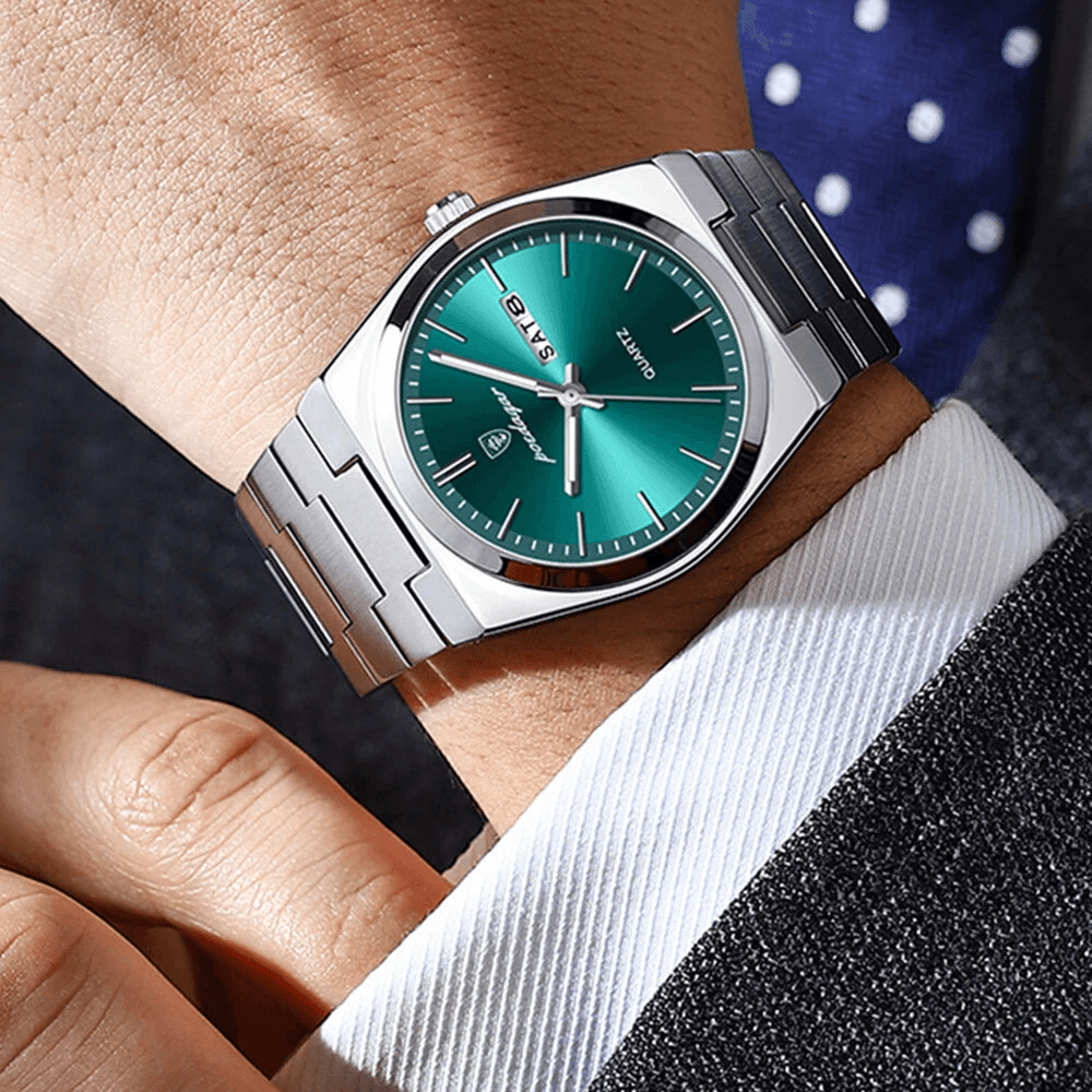 mens stainless steel quartz watch with luminous hands date week display and water resistance