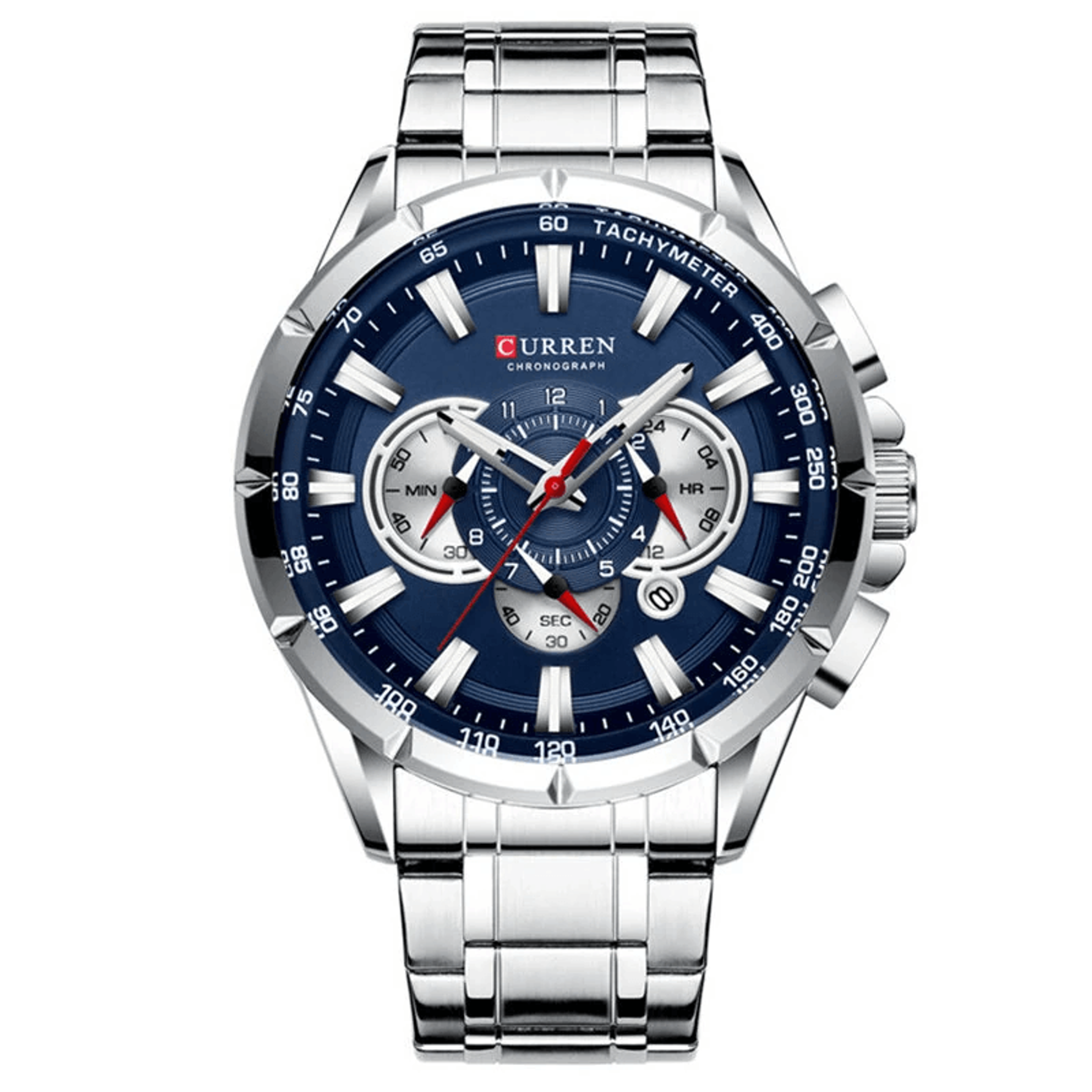stainless steel chronograph watch for men with quartz movement and calendar