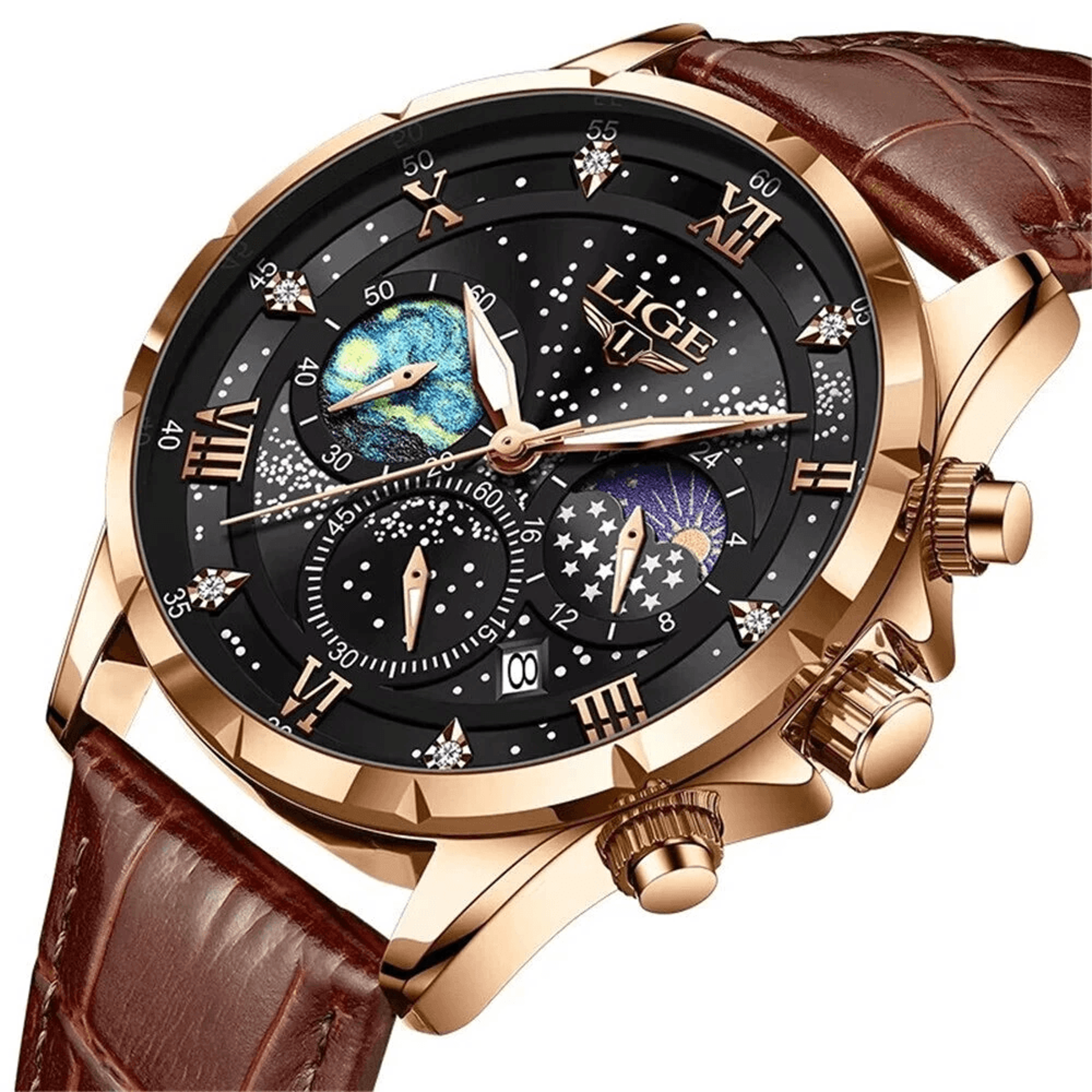 classic waterproof luminous quartz watch with leather strap and calendars