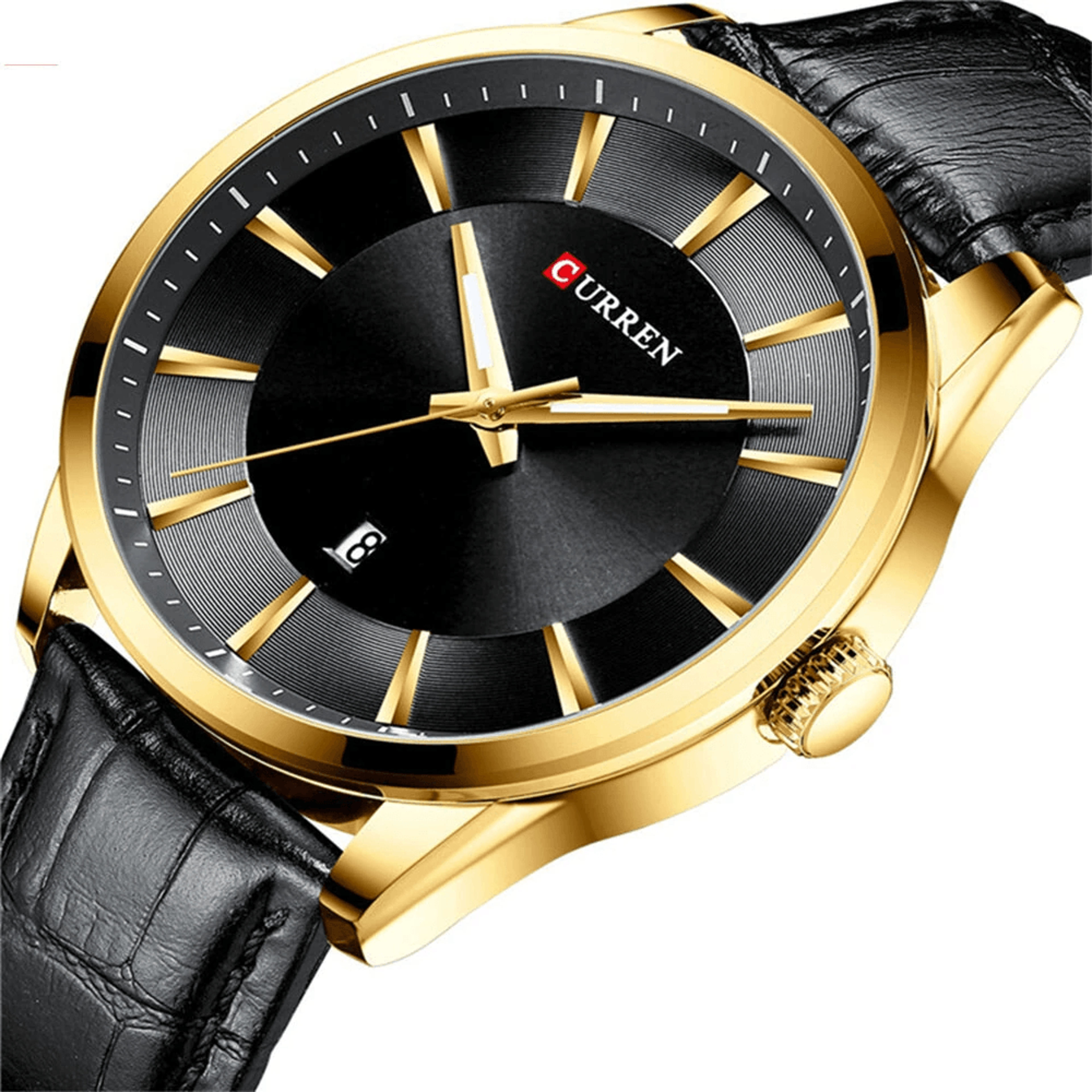 classic men's quartz watch with leather strap waterproof date display