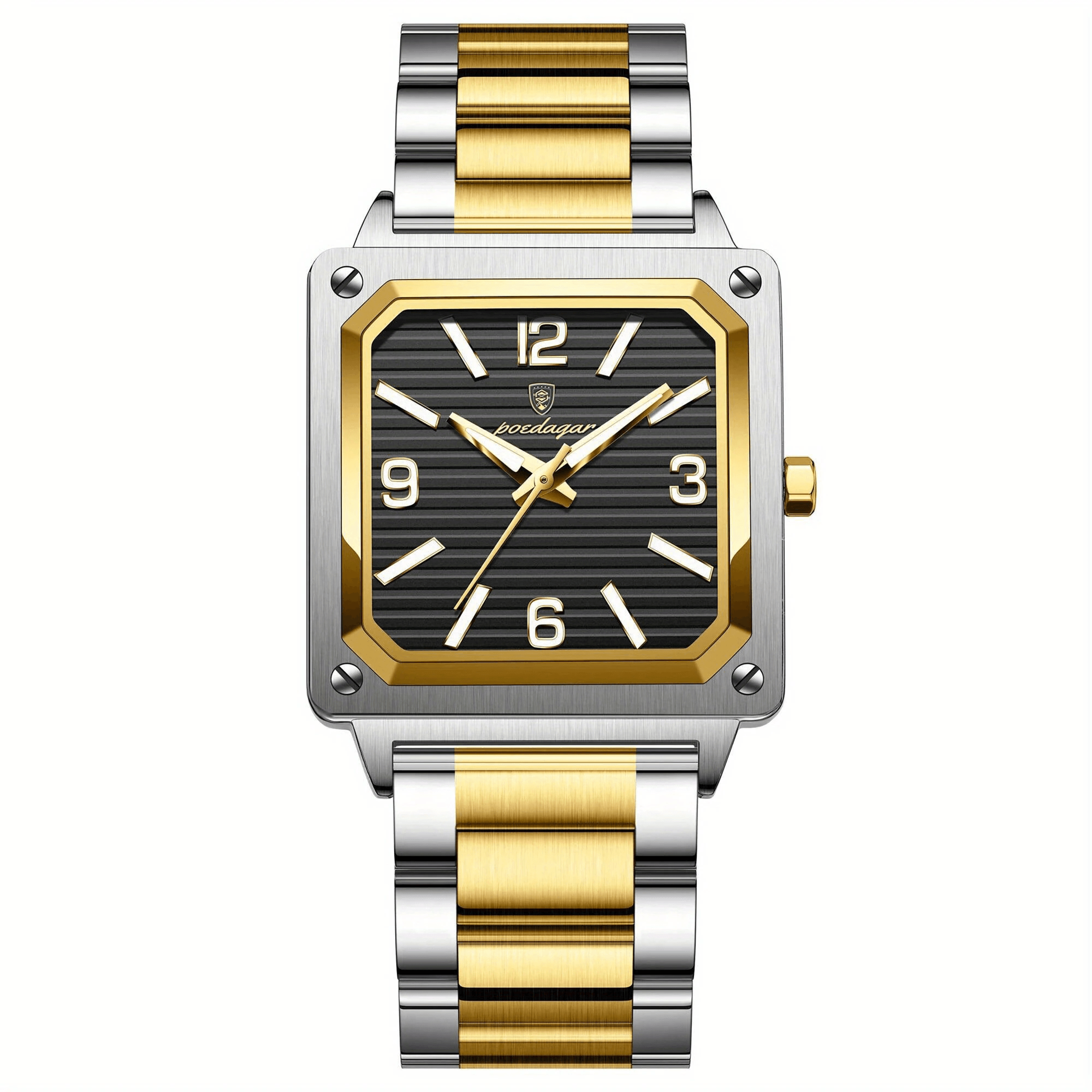 classic square mens quartz watch with luminous dial and stainless steel bracelet