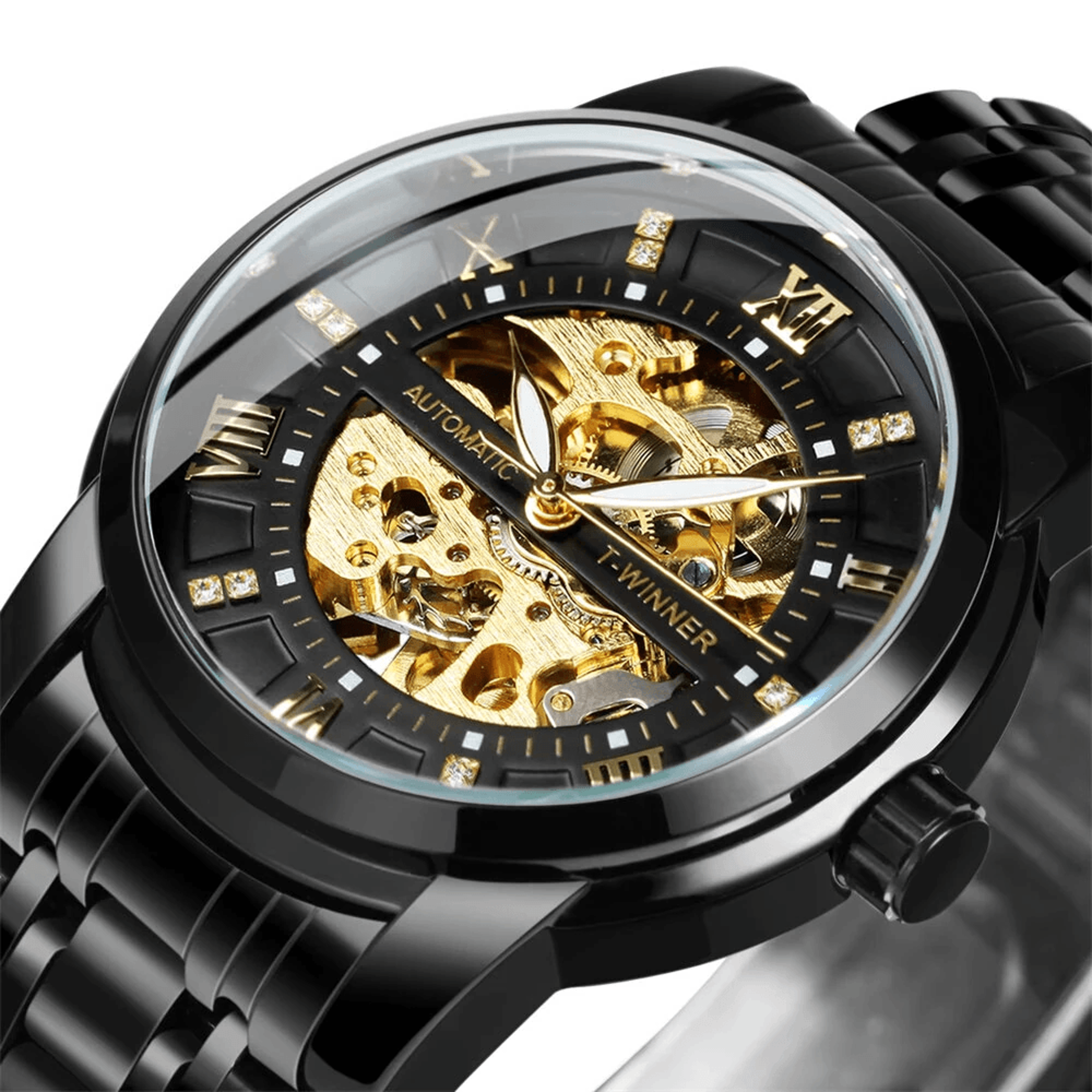 black gold skeleton automatic mens watch with diamond dial and stainless steel bracelet