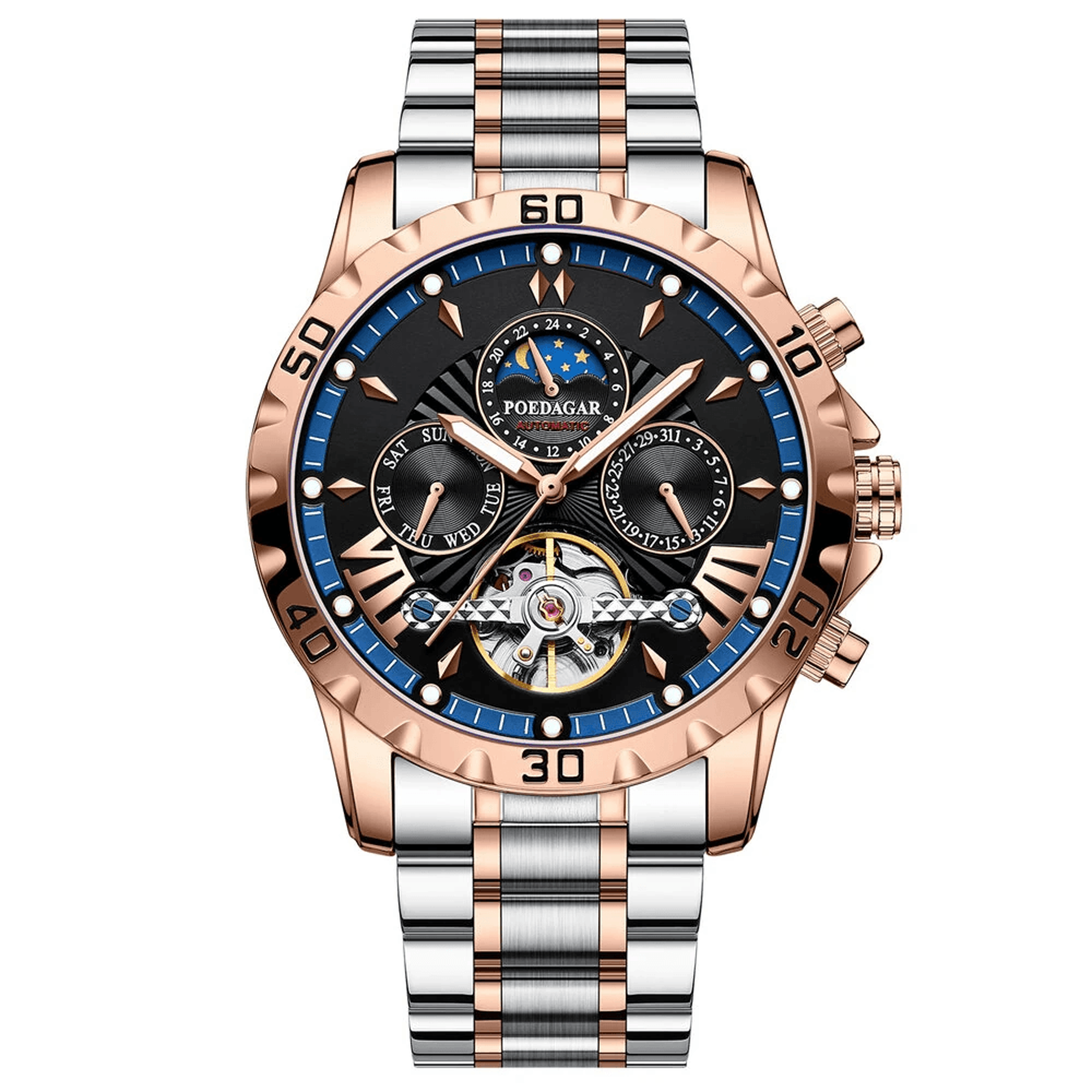 luxury automatic mechanical watch with hollow dial and luminous day date display