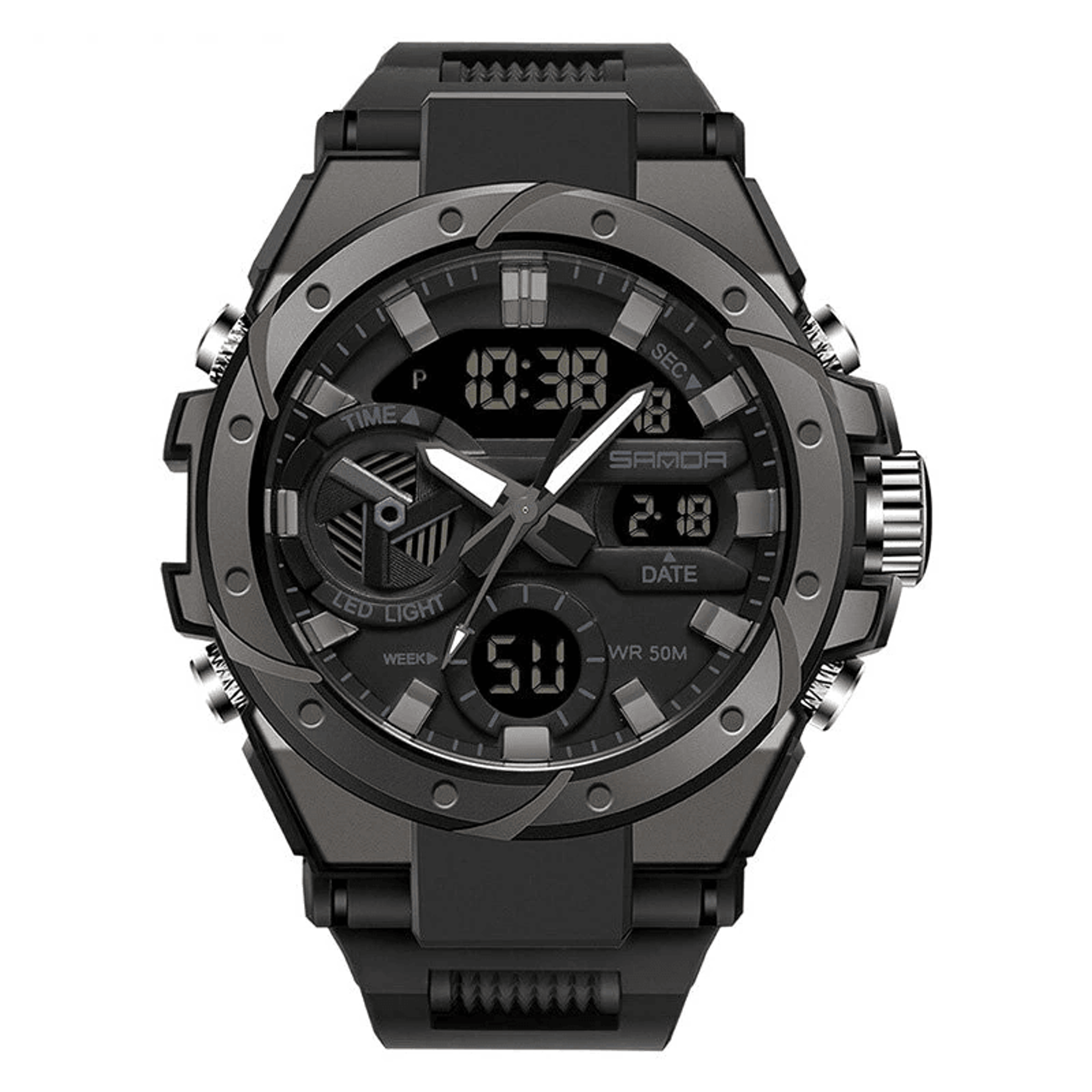 mens waterproof dual display sports watch with luminous dial alarm calendar and stopwatch